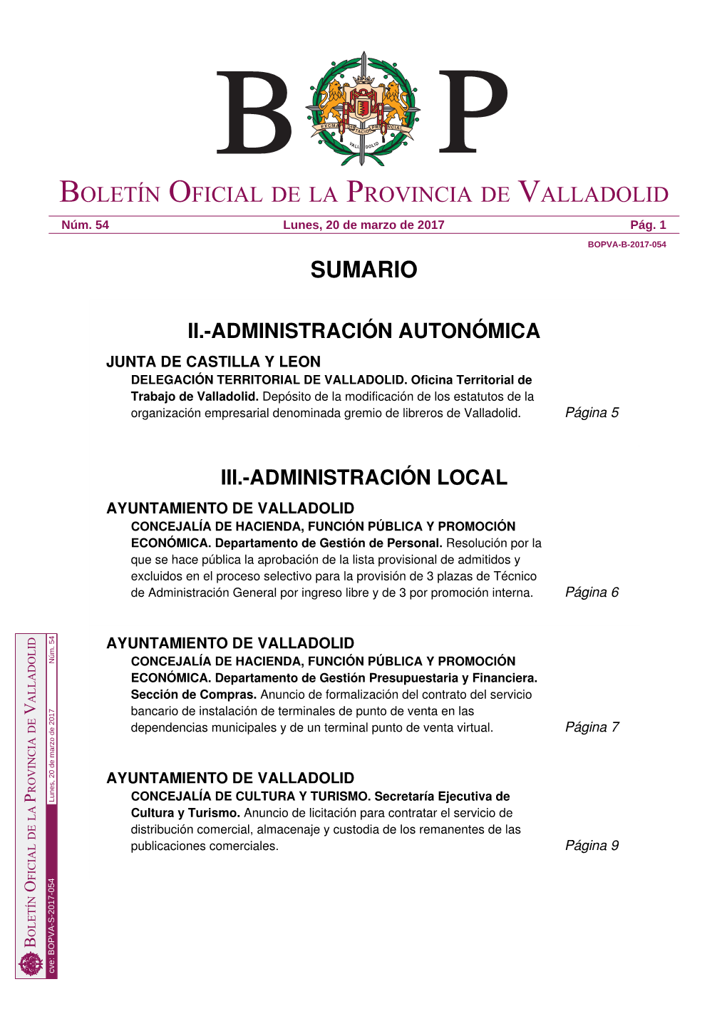 Sumario Boletín Oficial De La Provincia De Valladolid