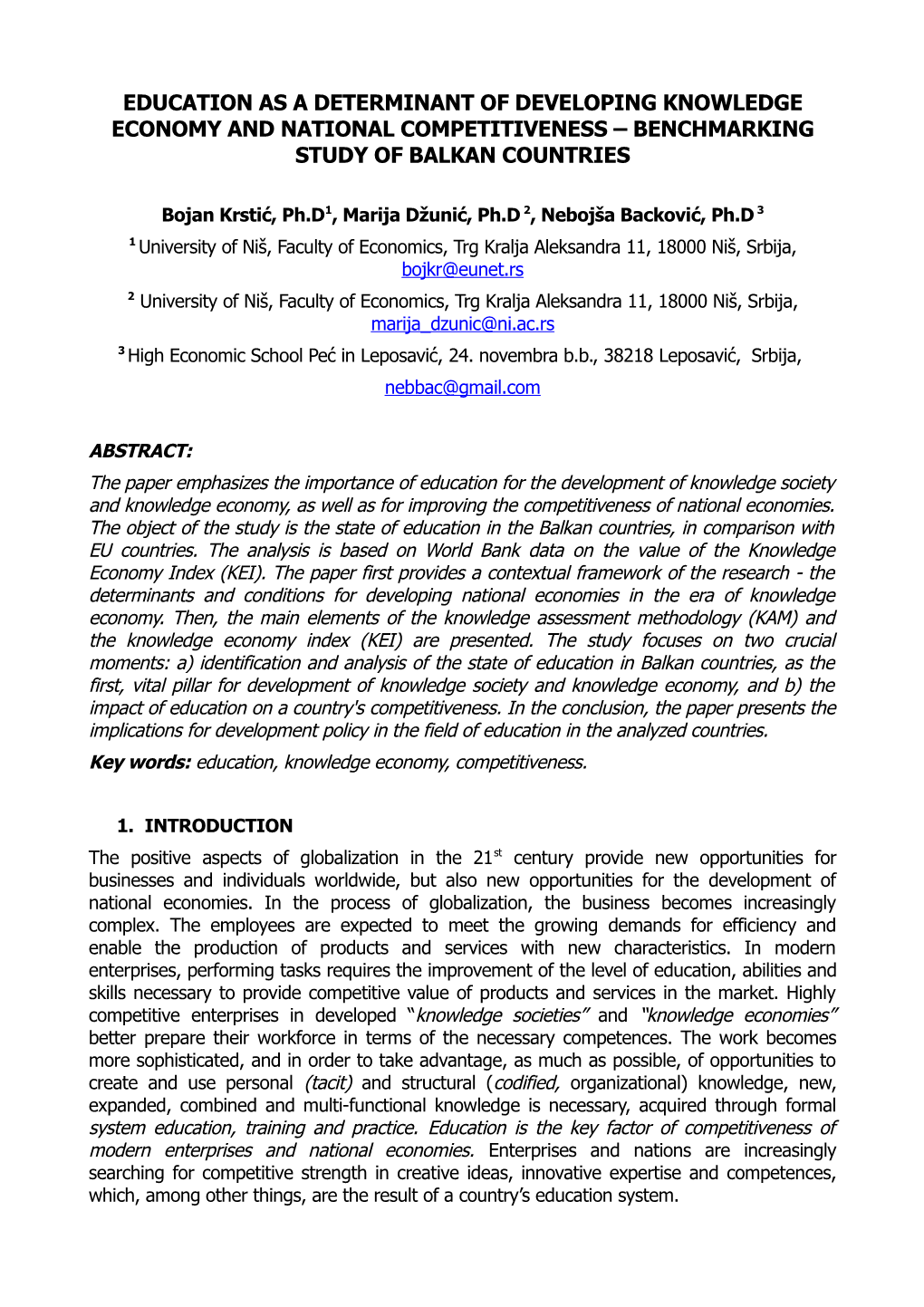 Education As a Determinant of Developing Knowledge Economy and National Competitiveness