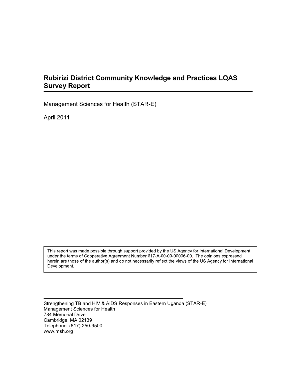 Rubirizi District Community Knowledge and Practices LQAS Survey Report