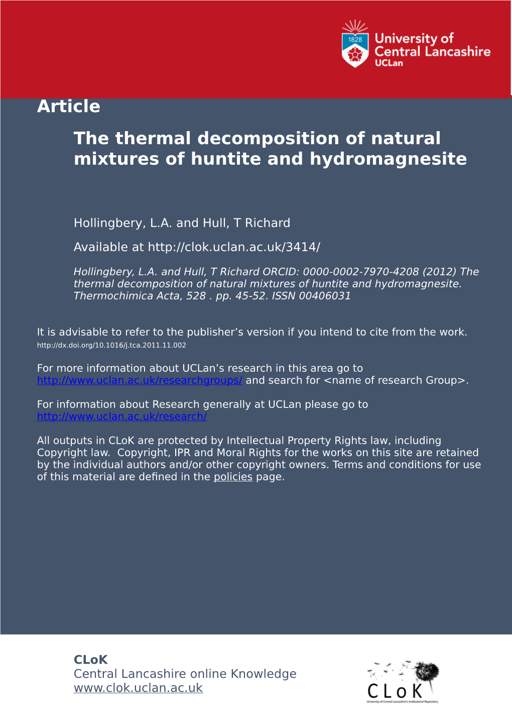 The Thermal Decomposition of Natural Mixtures of Huntite and Hydromagnesite
