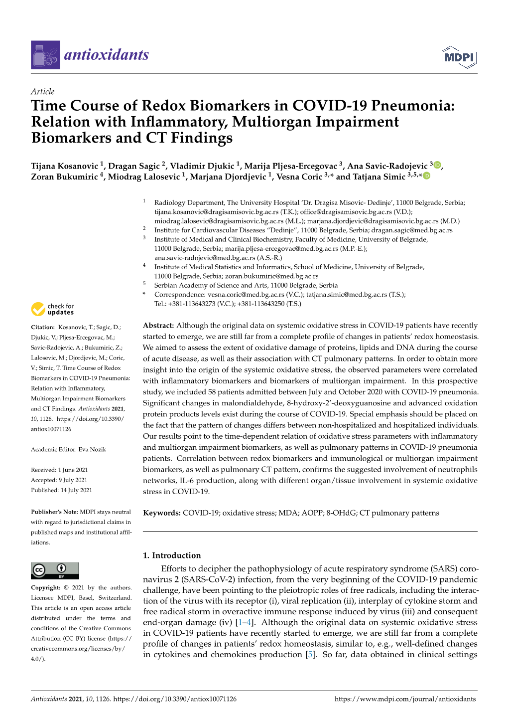 Time Course of Redox Biomarkers in COVID-19 Pneumonia: Relation with Inﬂammatory, Multiorgan Impairment Biomarkers and CT Findings