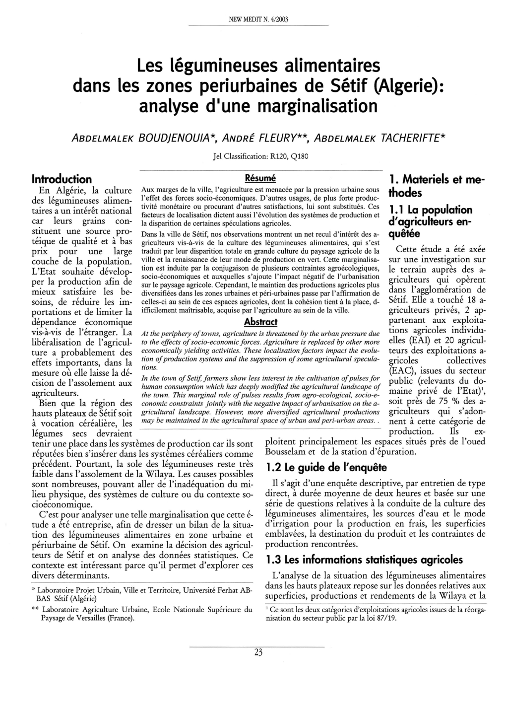 Les Legumineuses Alimentaires Dans Les Zones Periurbaines De Setif (Aigerie): Analyse D1une Marginalisation