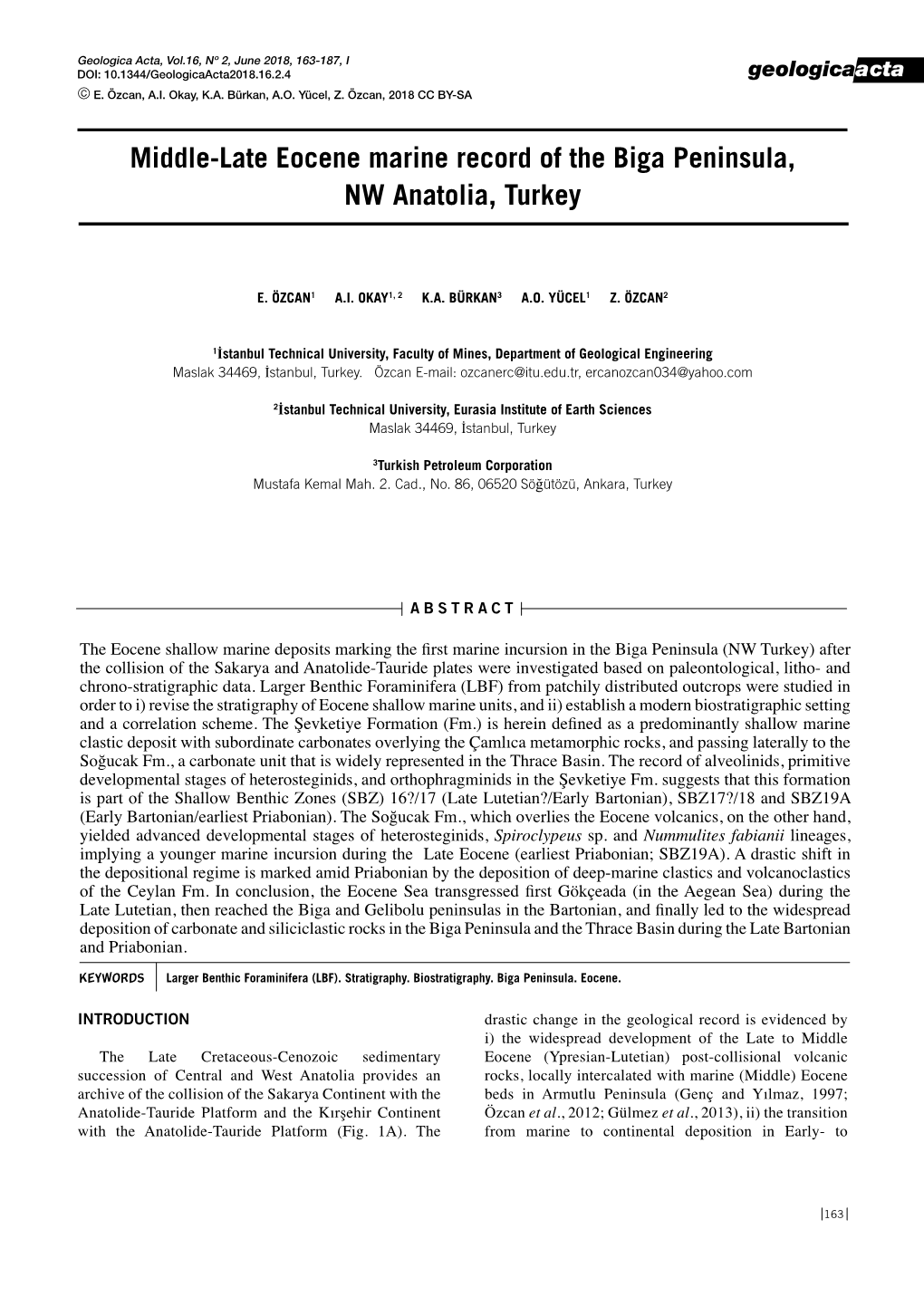 Middle-Late Eocene Marine Record of the Biga Peninsula, NW Anatolia, Turkey