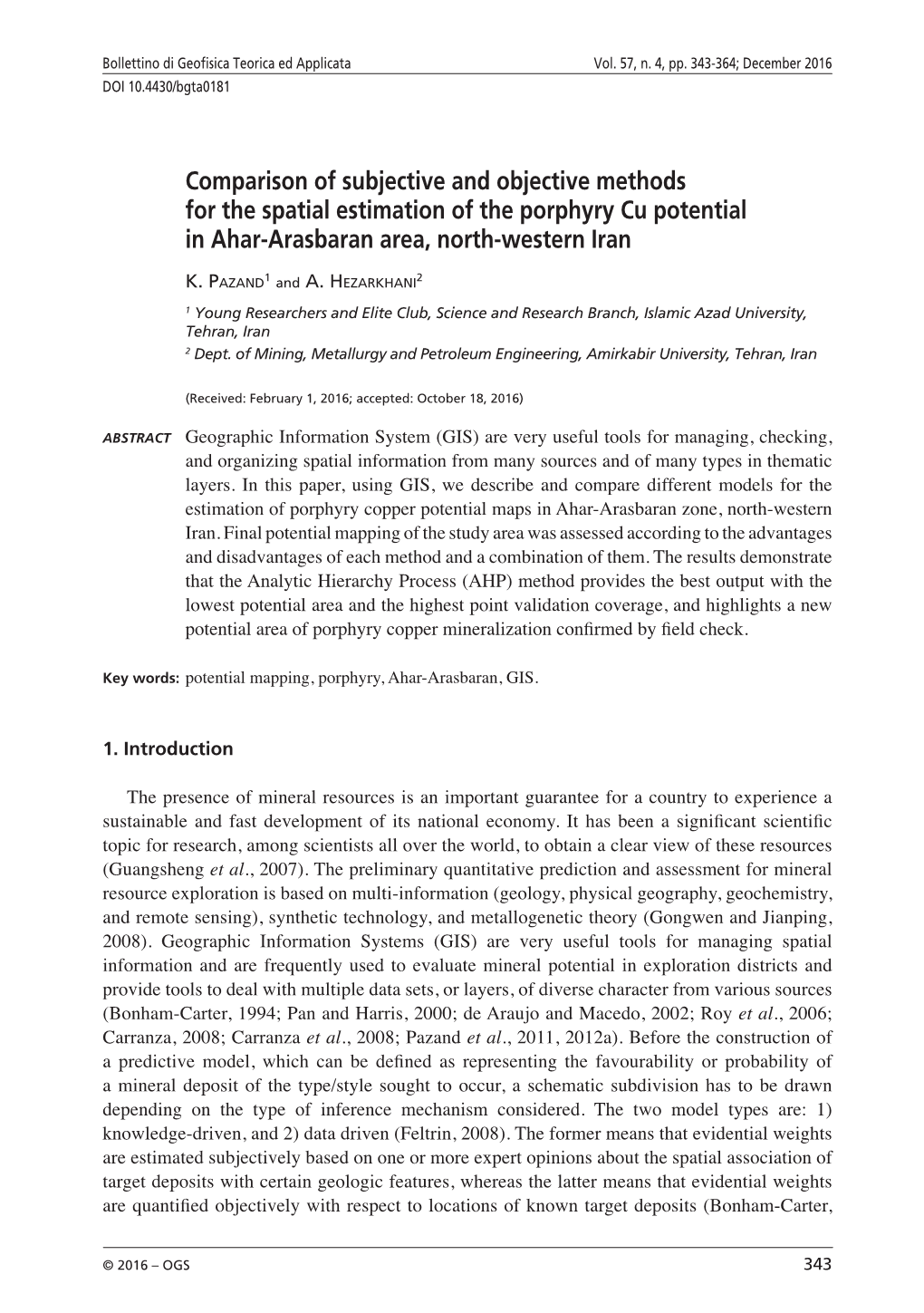 Comparison of Subjective and Objective Methods for the Spatial Estimation of the Porphyry Cu Potential in Ahar-Arasbaran Area, North-Western Iran