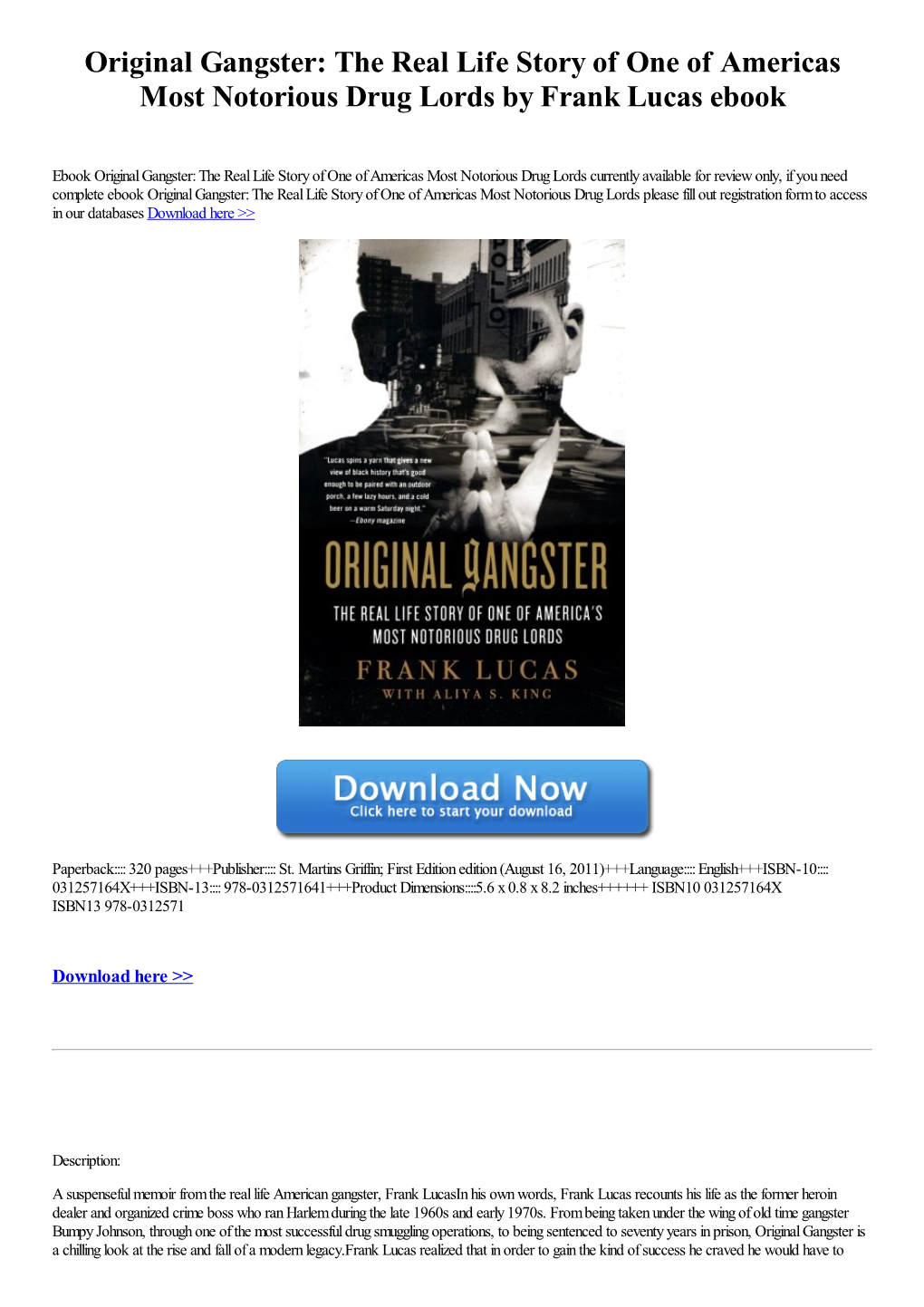 Original Gangster: the Real Life Story of One of Americas Most Notorious Drug Lords by Frank Lucas Ebook