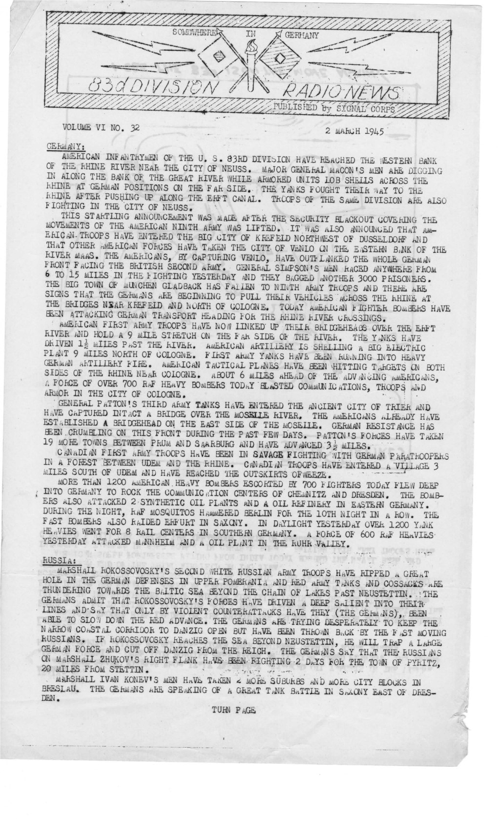 83Rd Division Radio News, Germany, Vol IV #32, March 2, 1945