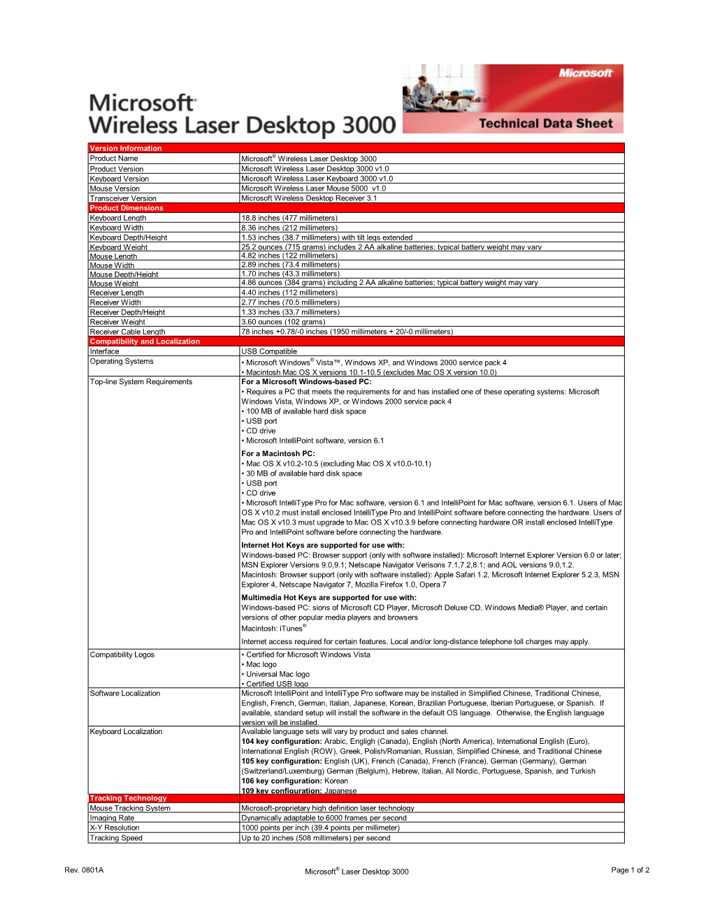 Version Information Product Name Microsoft® Wireless Laser Desktop