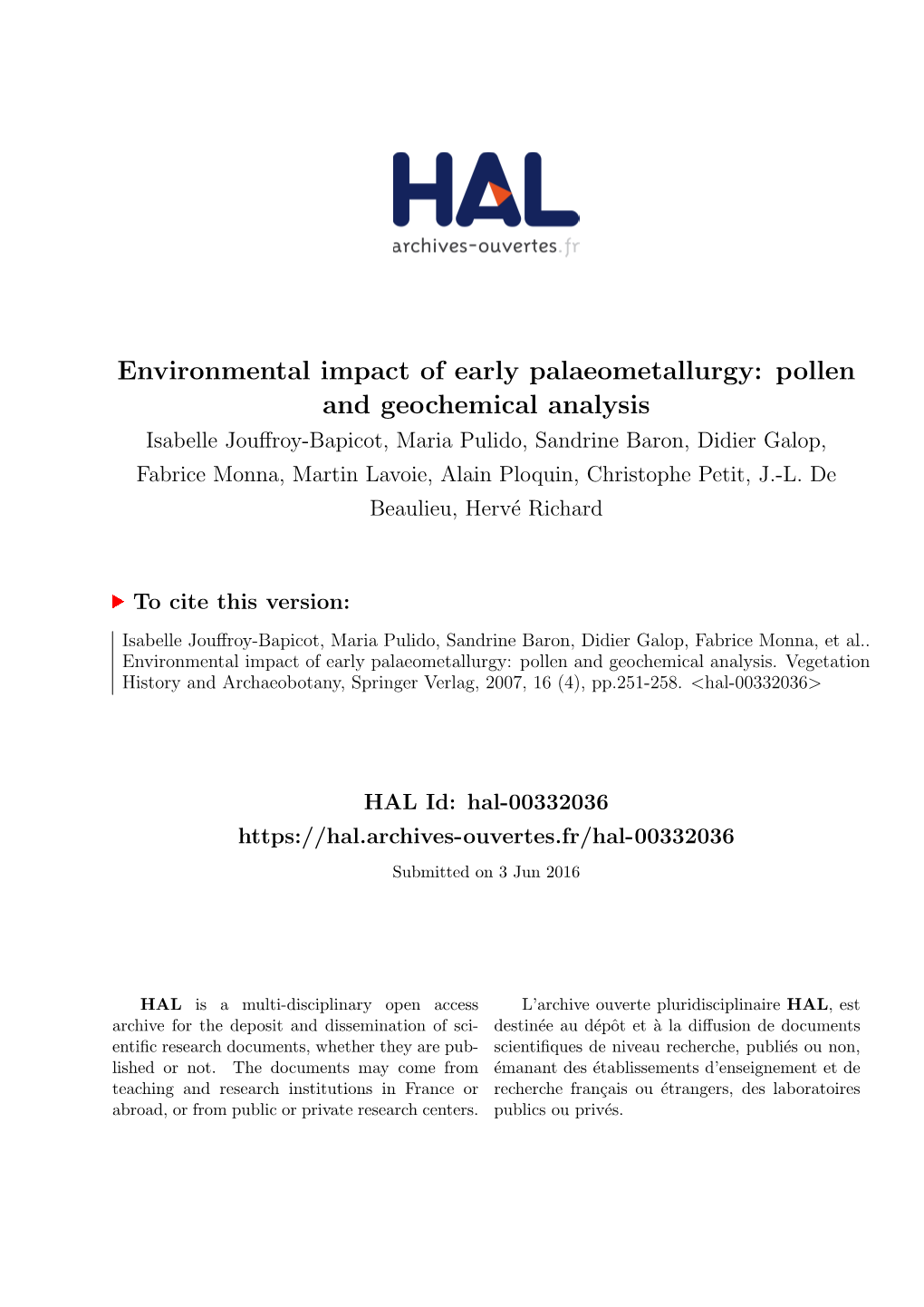 Pollen and Geochemical Analysis