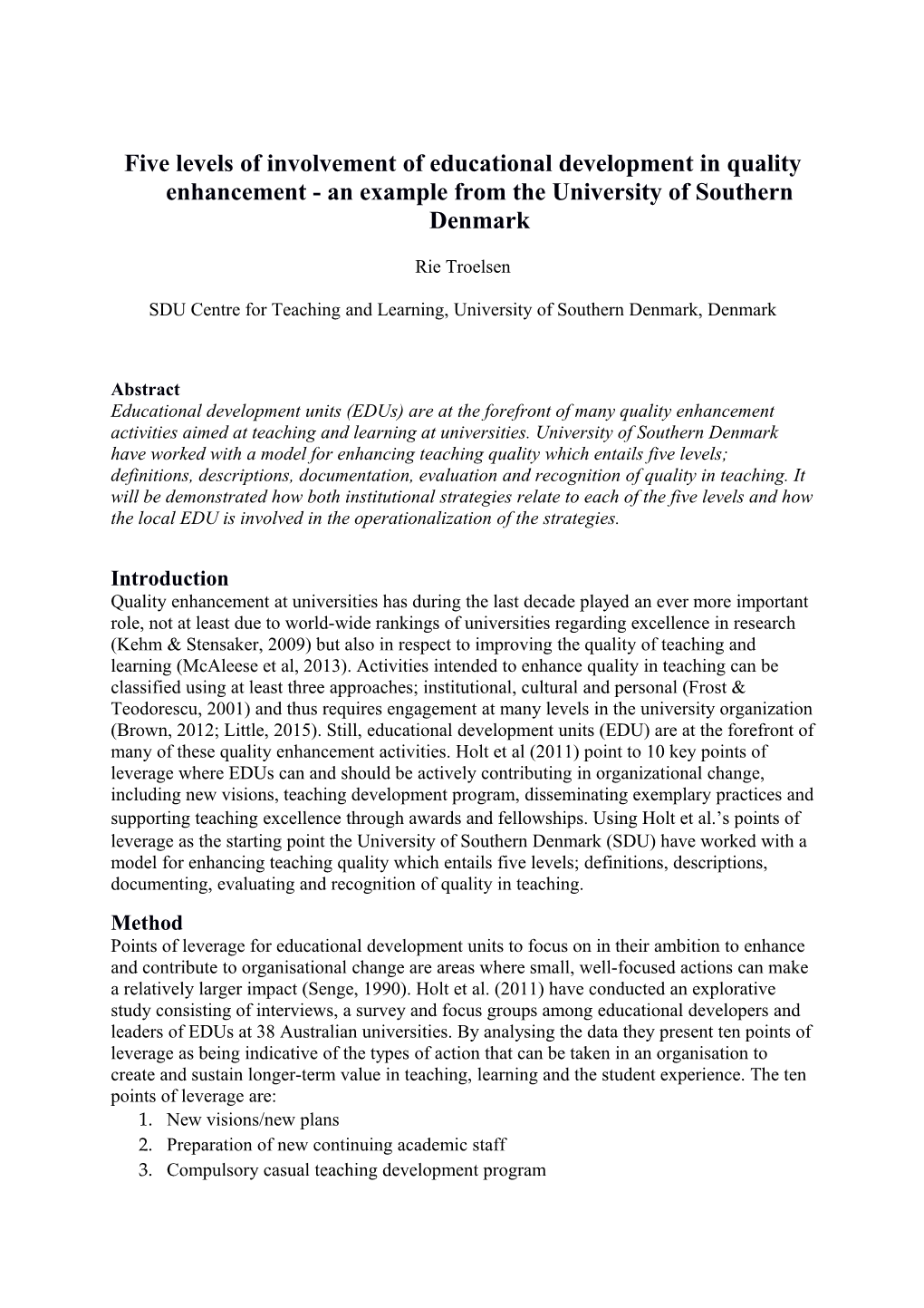 Five Levels of Involvement of Educational Development in Quality Enhancement - an Example