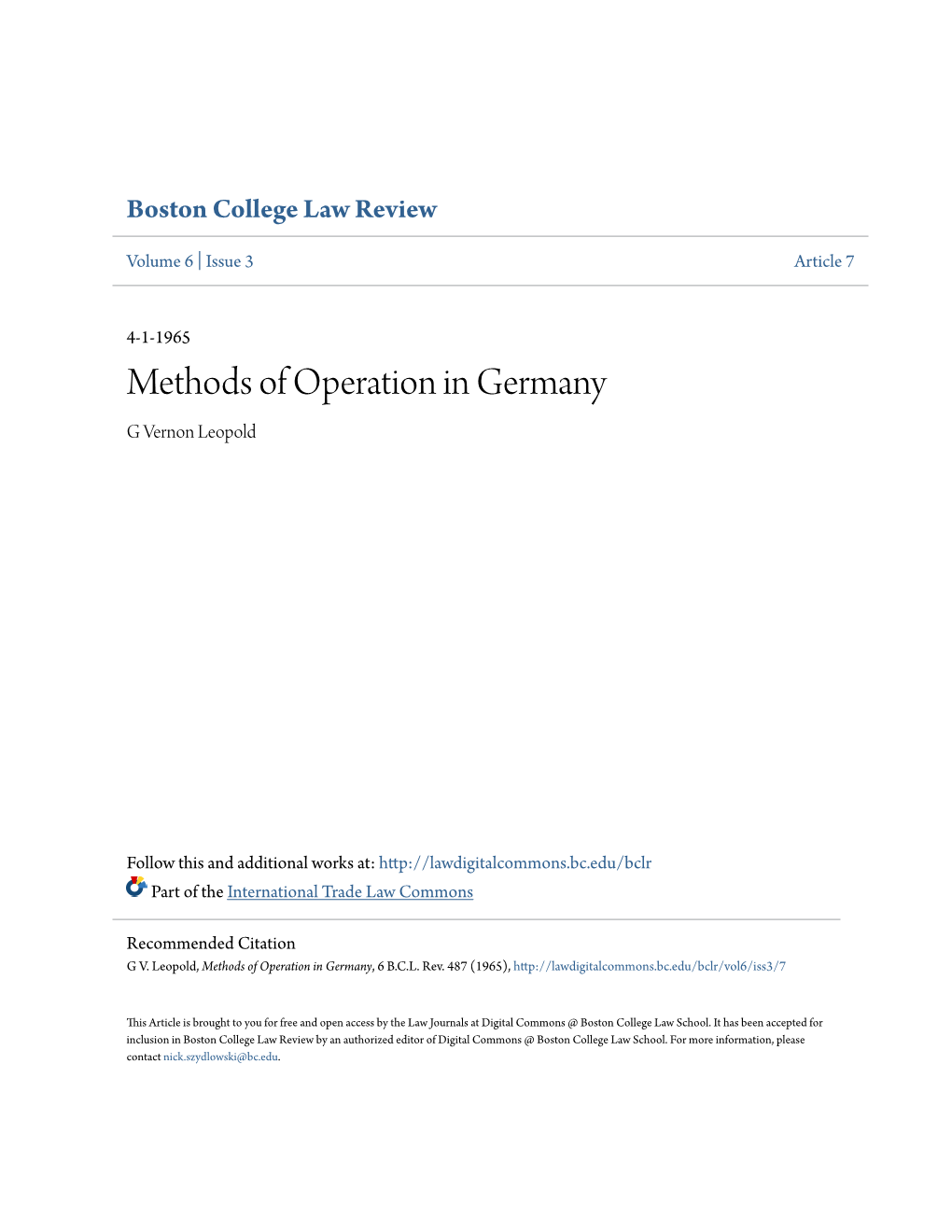 Methods of Operation in Germany G Vernon Leopold