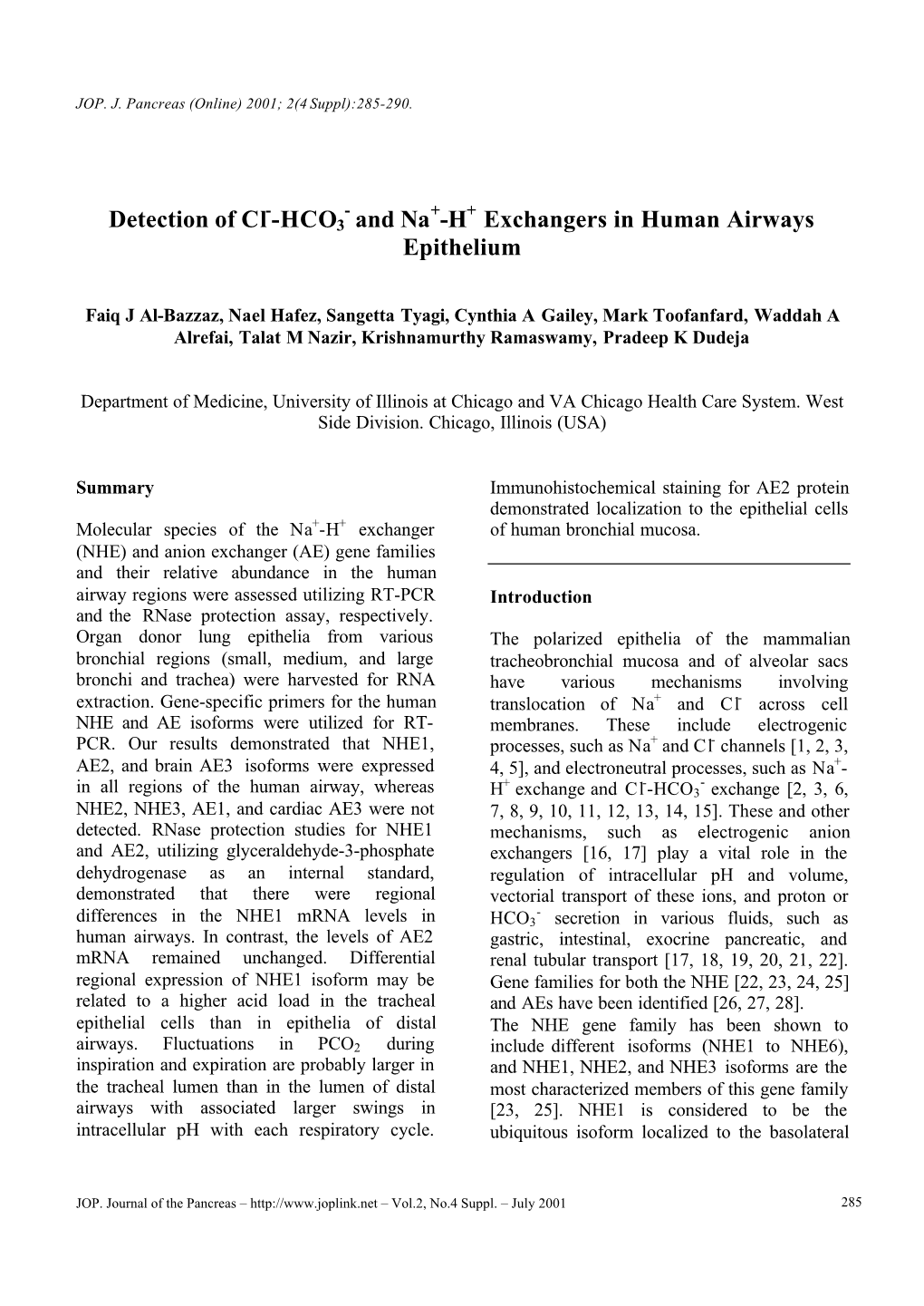 H Exchangers in Human Airways Epithelium