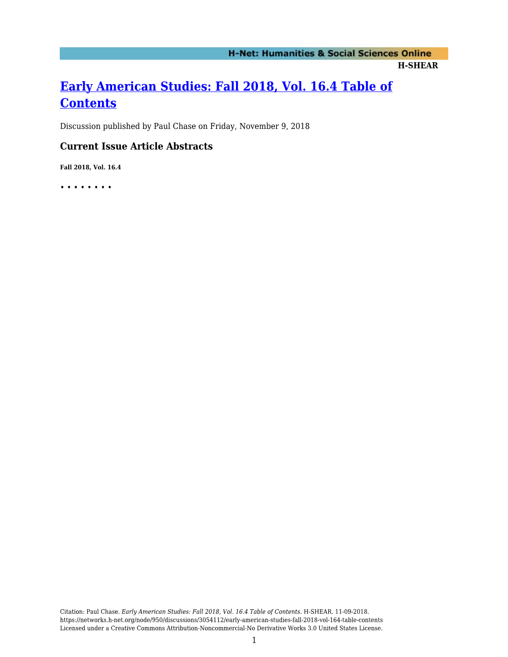 Early American Studies: Fall 2018, Vol. 16.4 Table of Contents