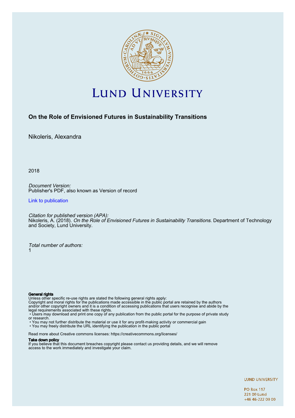 On the Role of Envisioned Futures in Sustainability Transitions Nikoleris