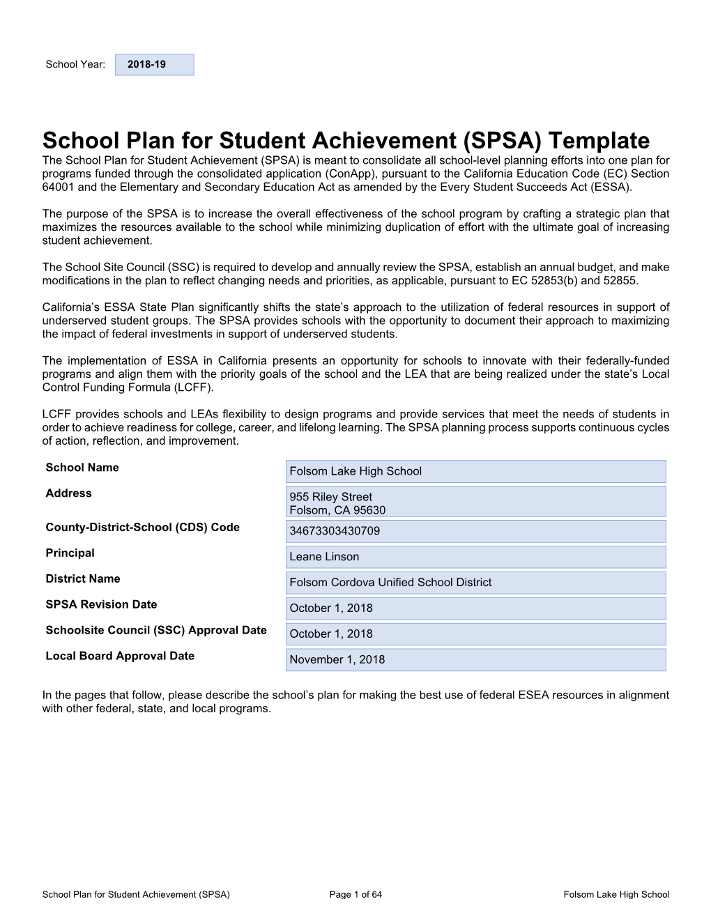 School Plan for Student Achievement (SPSA) Template