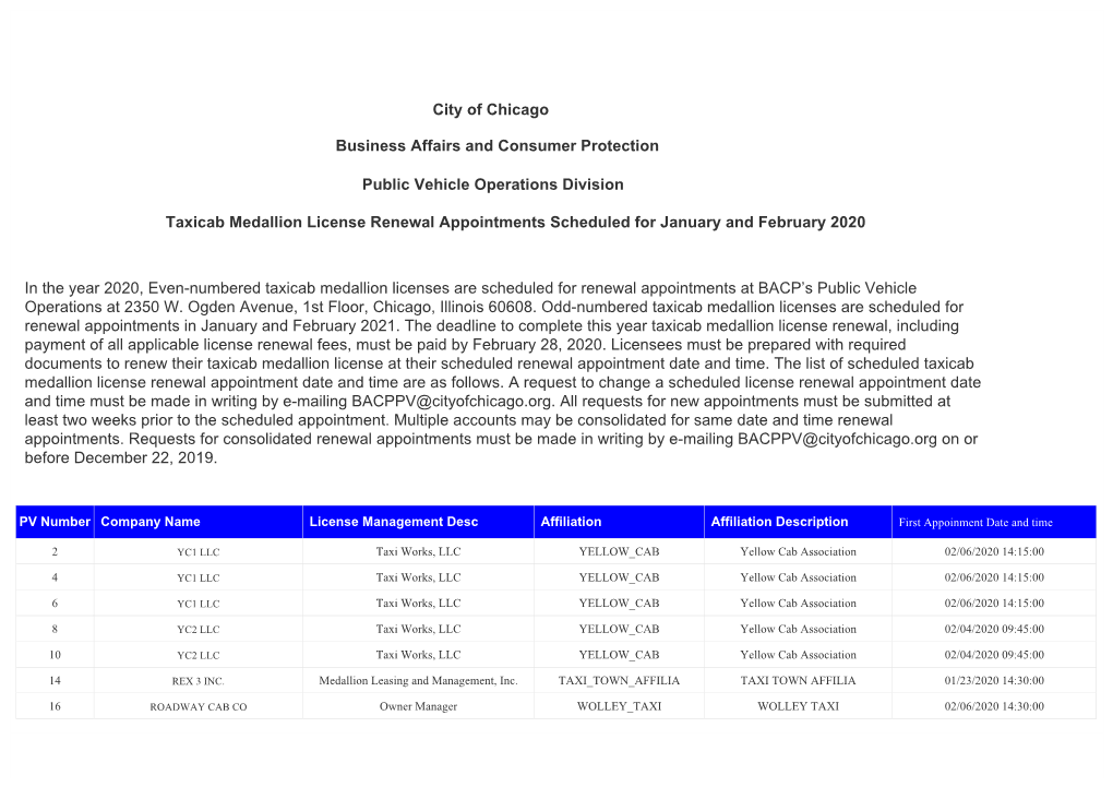 In the Year 2020, Even-Numbered Taxicab Medallion Licenses Are Scheduled for Renewal Appointments at BACP’S Public Vehicle Operations at 2350 W