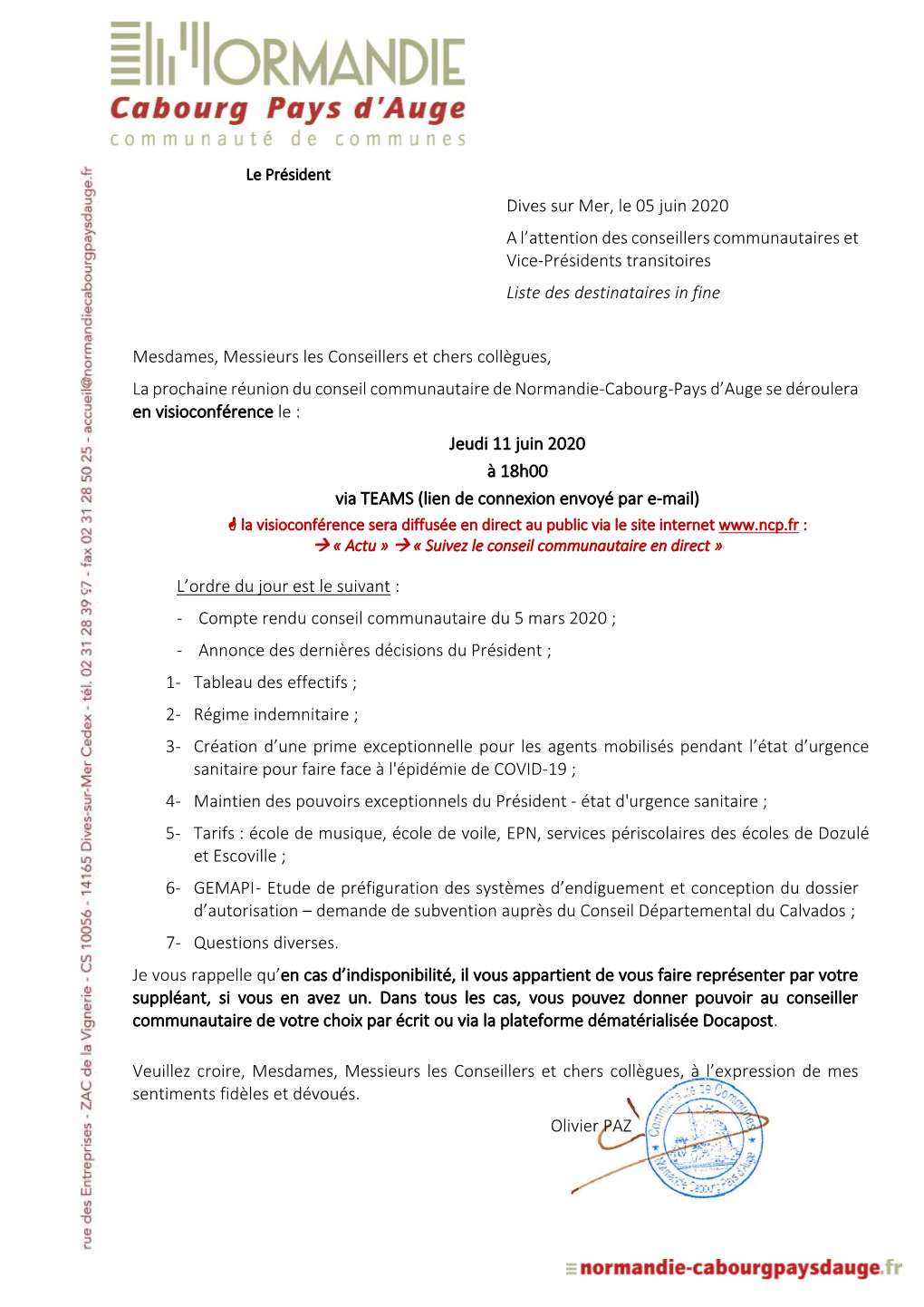 Dives Sur Mer, Le 05 Juin 2020 a L'attention Des Conseillers