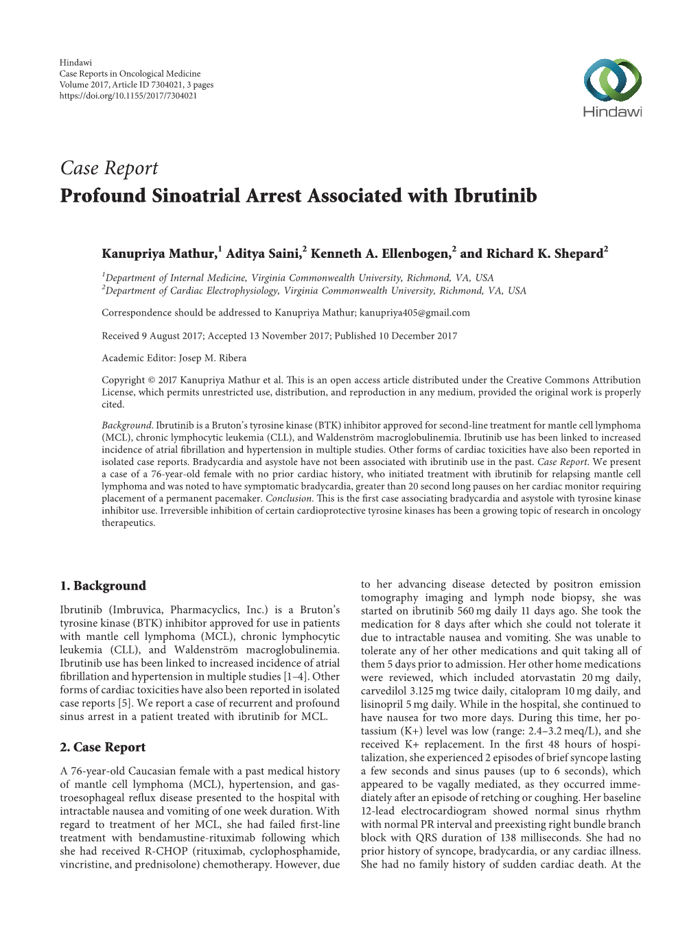 Profound Sinoatrial Arrest Associated with Ibrutinib