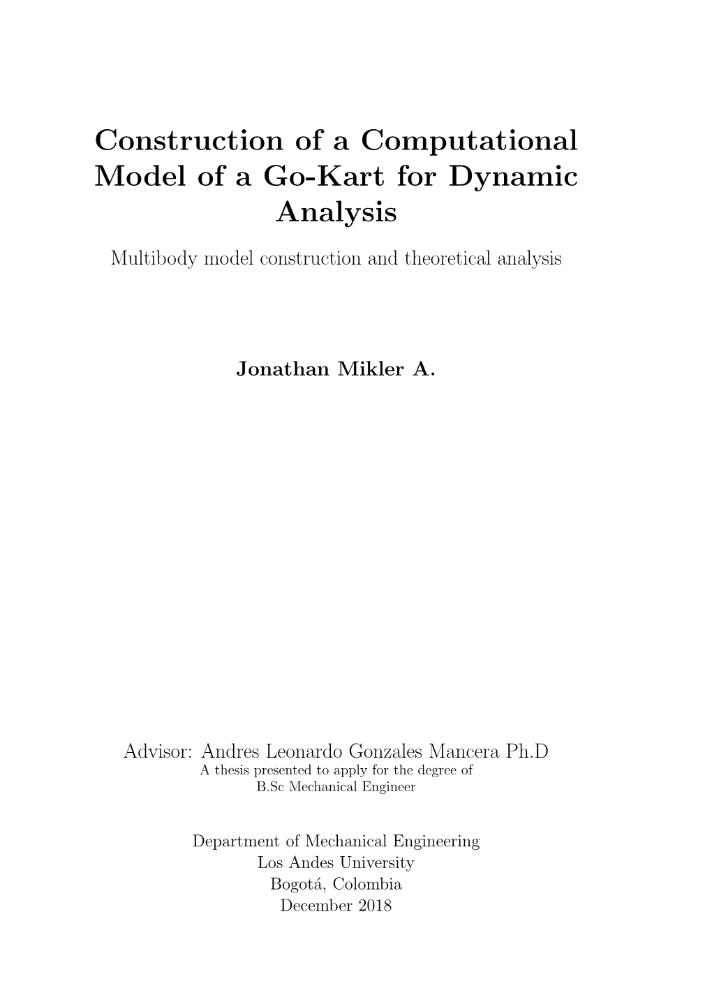 Construction of a Computational Model of a Go-Kart for Dynamic Analysis