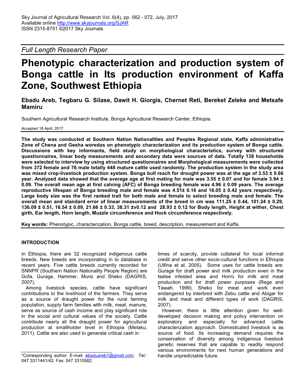 Phynotypic Characterization and Production System of Bonga Breed