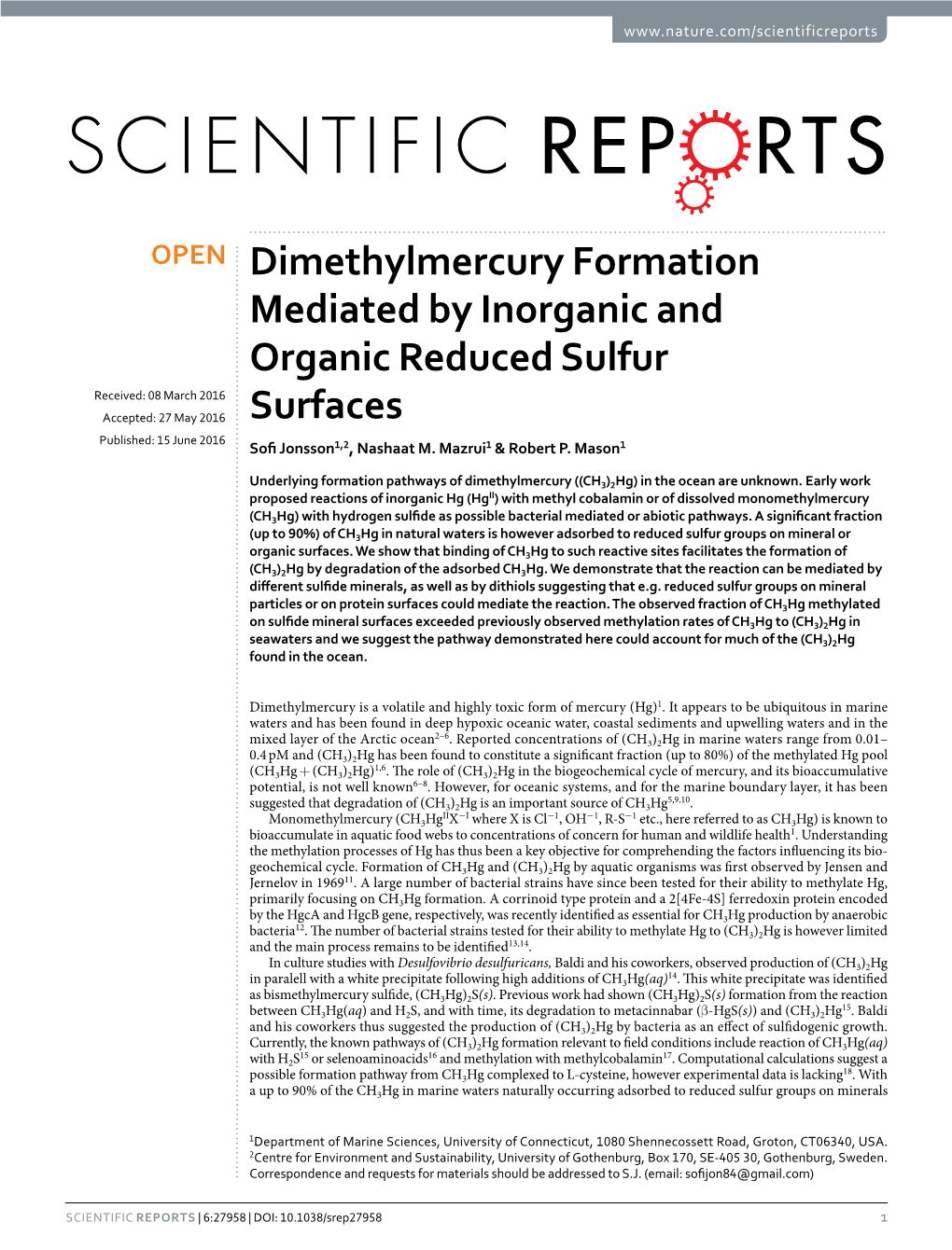 Dimethylmercury Formation Mediated by Inorganic and Organic Reduced