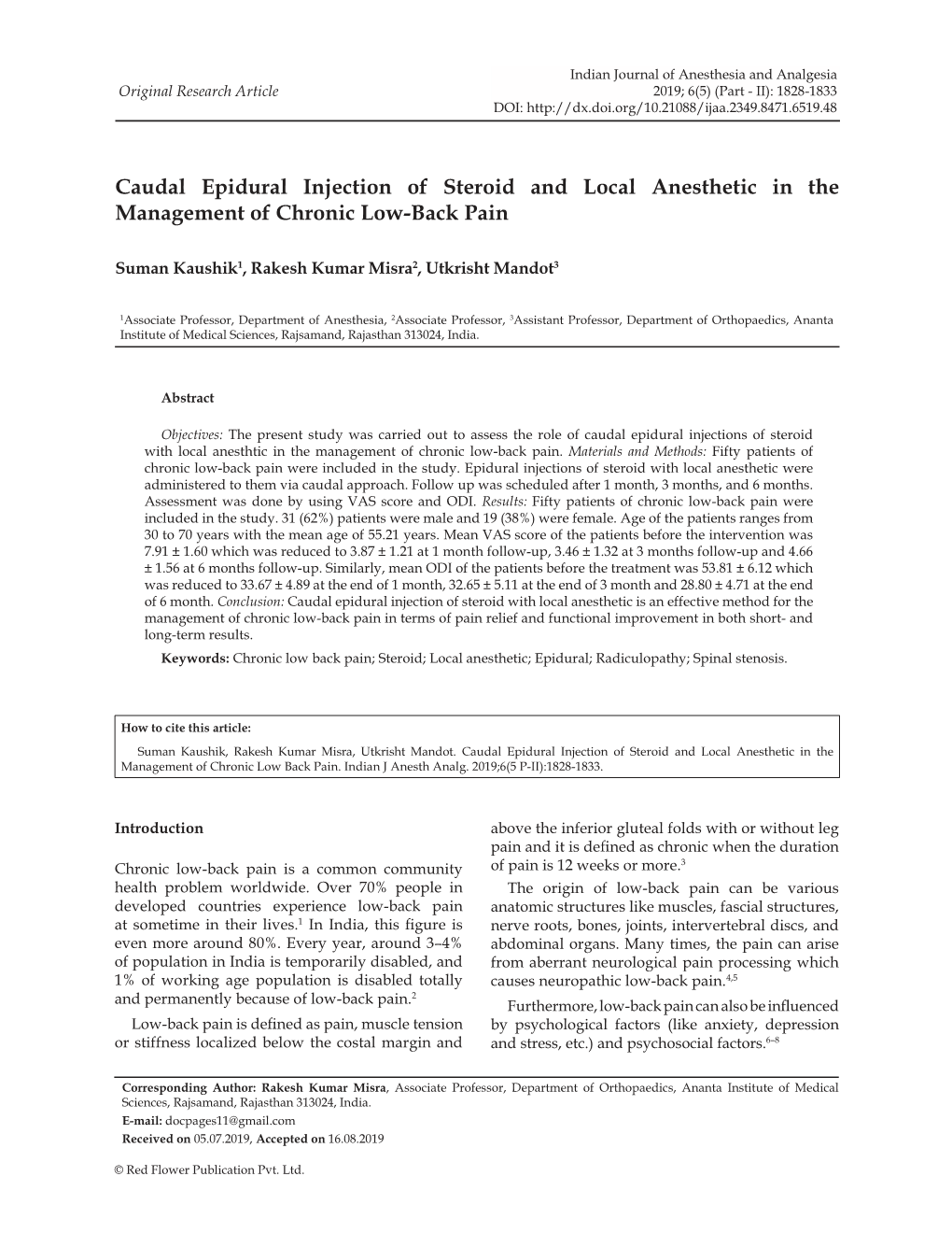 Caudal Epidural Injection of Steroid and Local Anesthetic in the Management of Chronic Low-Back Pain