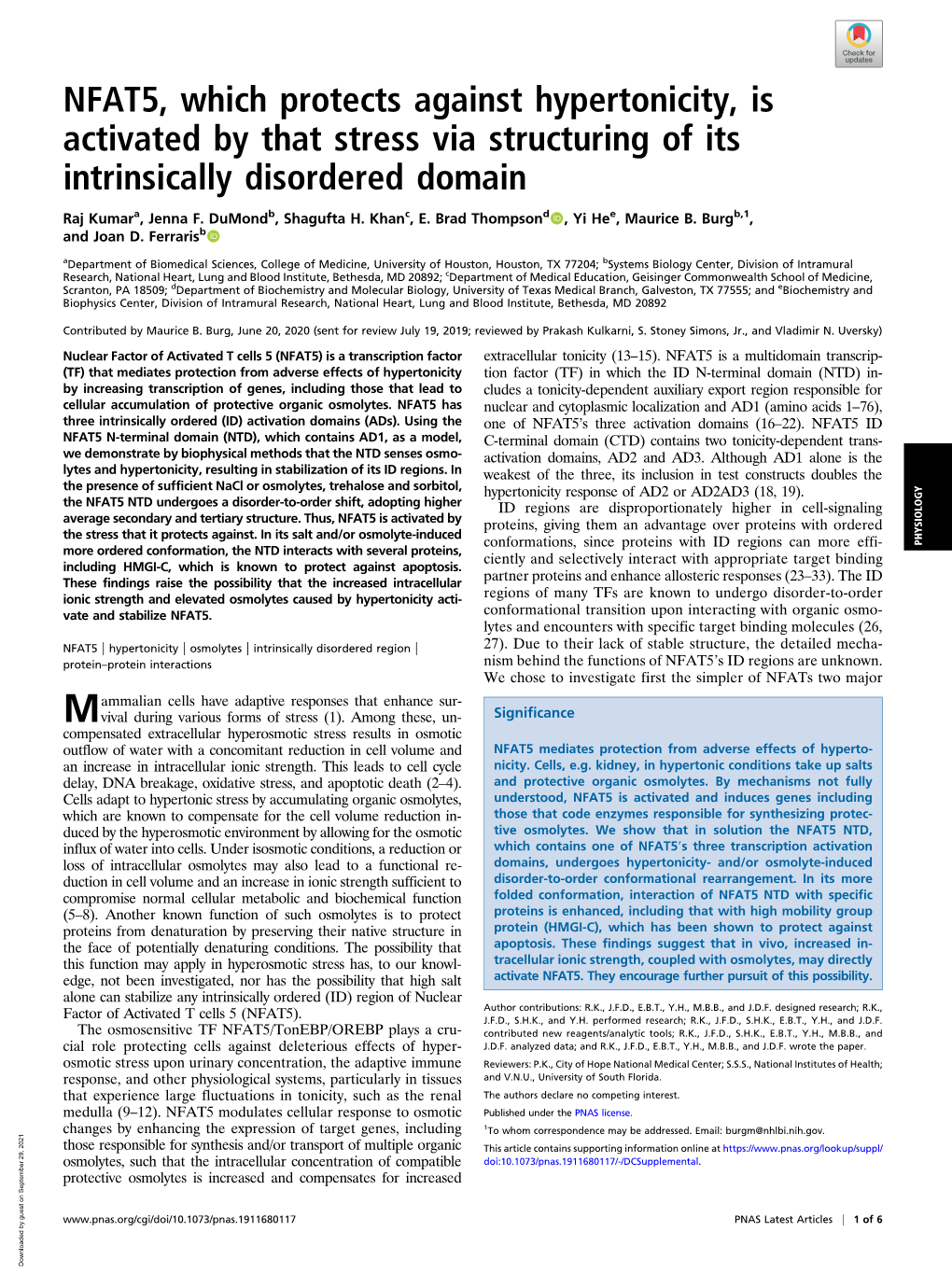 NFAT5, Which Protects Against Hypertonicity, Is Activated by That Stress Via Structuring of Its Intrinsically Disordered Domain