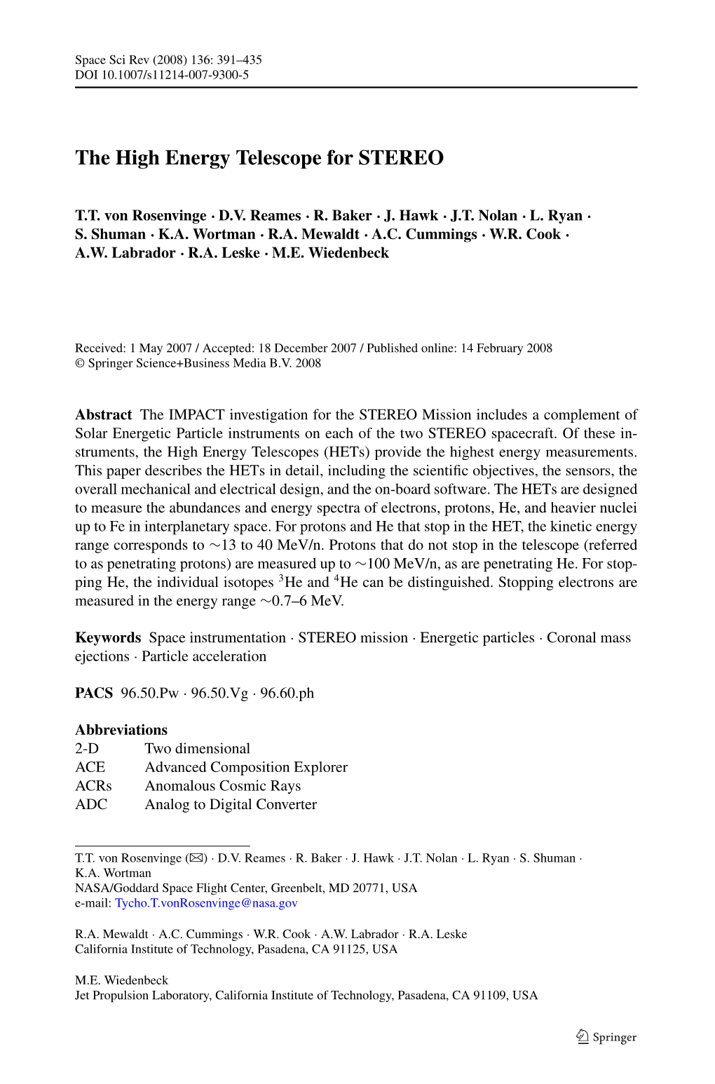 The High Energy Telescope for STEREO