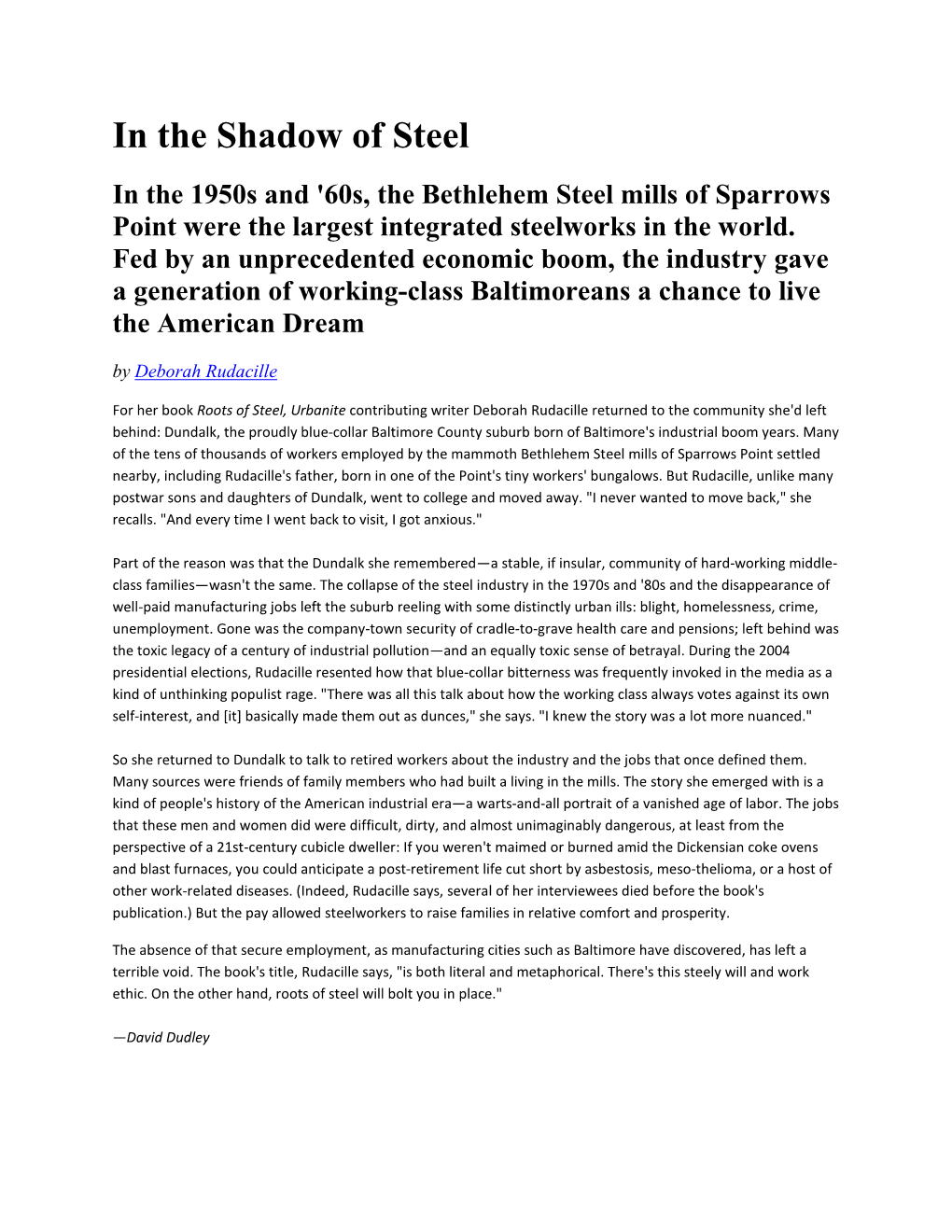 In the Shadow of Steel in the 1950S and '60S, the Bethlehem Steel Mills of Sparrows Point Were the Largest Integrated Steelworks in the World