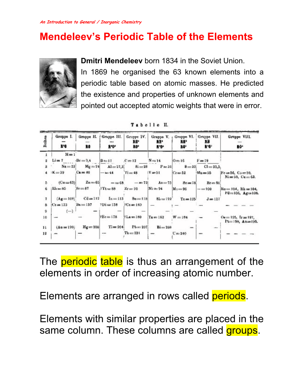 Mendeleev's Periodic Table of the Elements the Periodic Table Is Thus