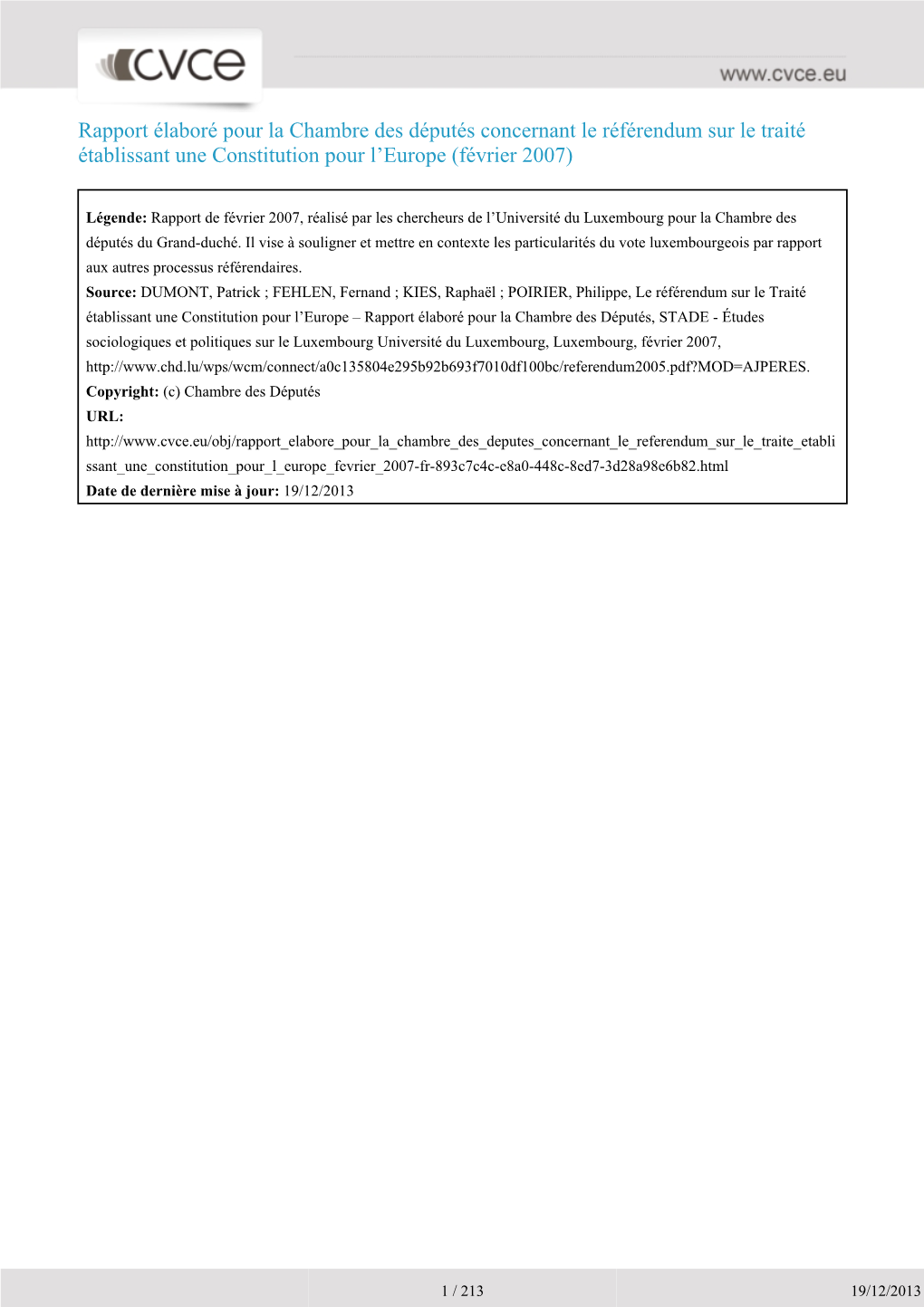 Rapport Élaboré Pour La Chambre Des Députés Concernant Le Référendum Sur Le Traité Établissant Une Constitution Pour L’Europe (Février 2007)