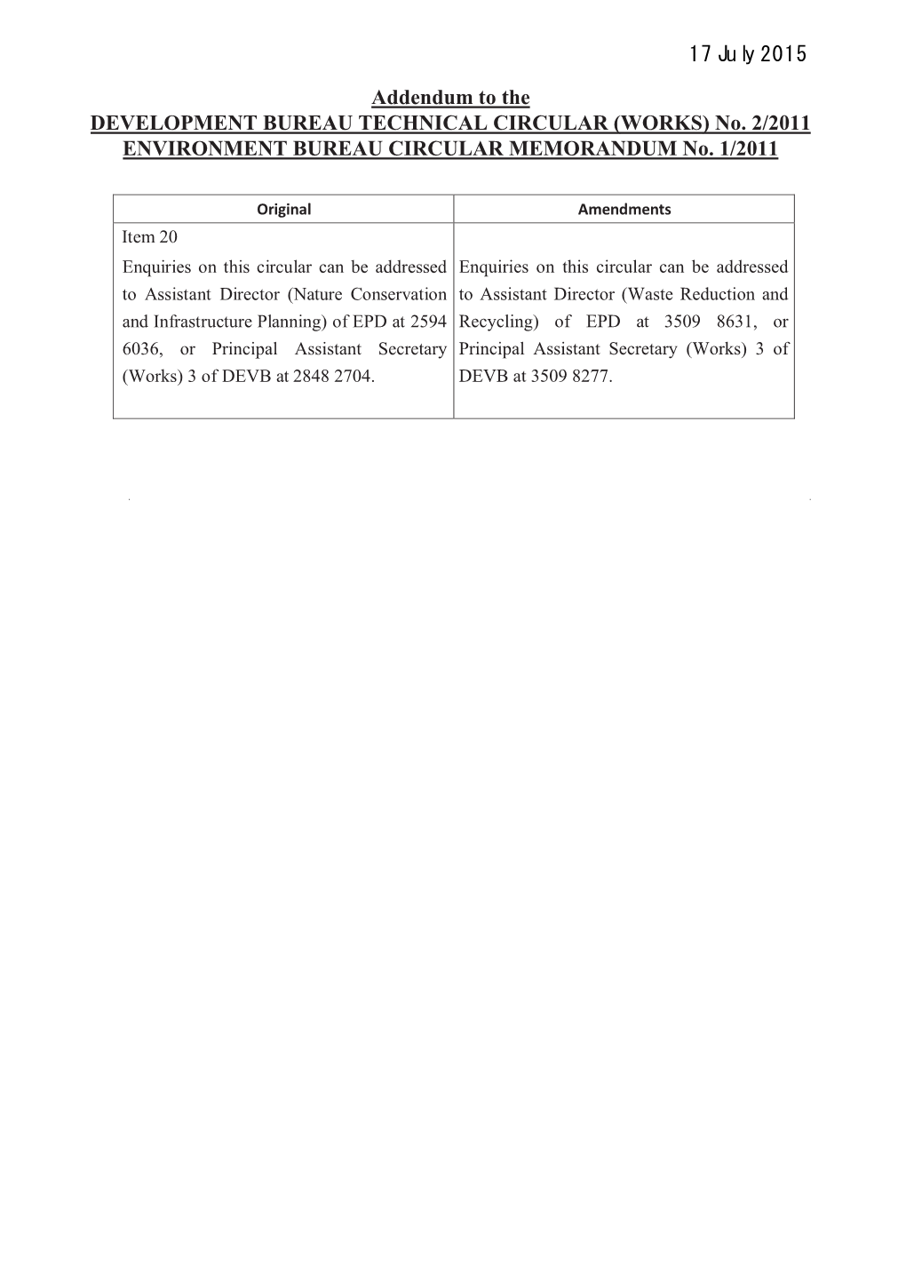 No. 2/2011 ENVIRONMENT BUREAU CIRCULAR MEMORANDUM No. 1/2011