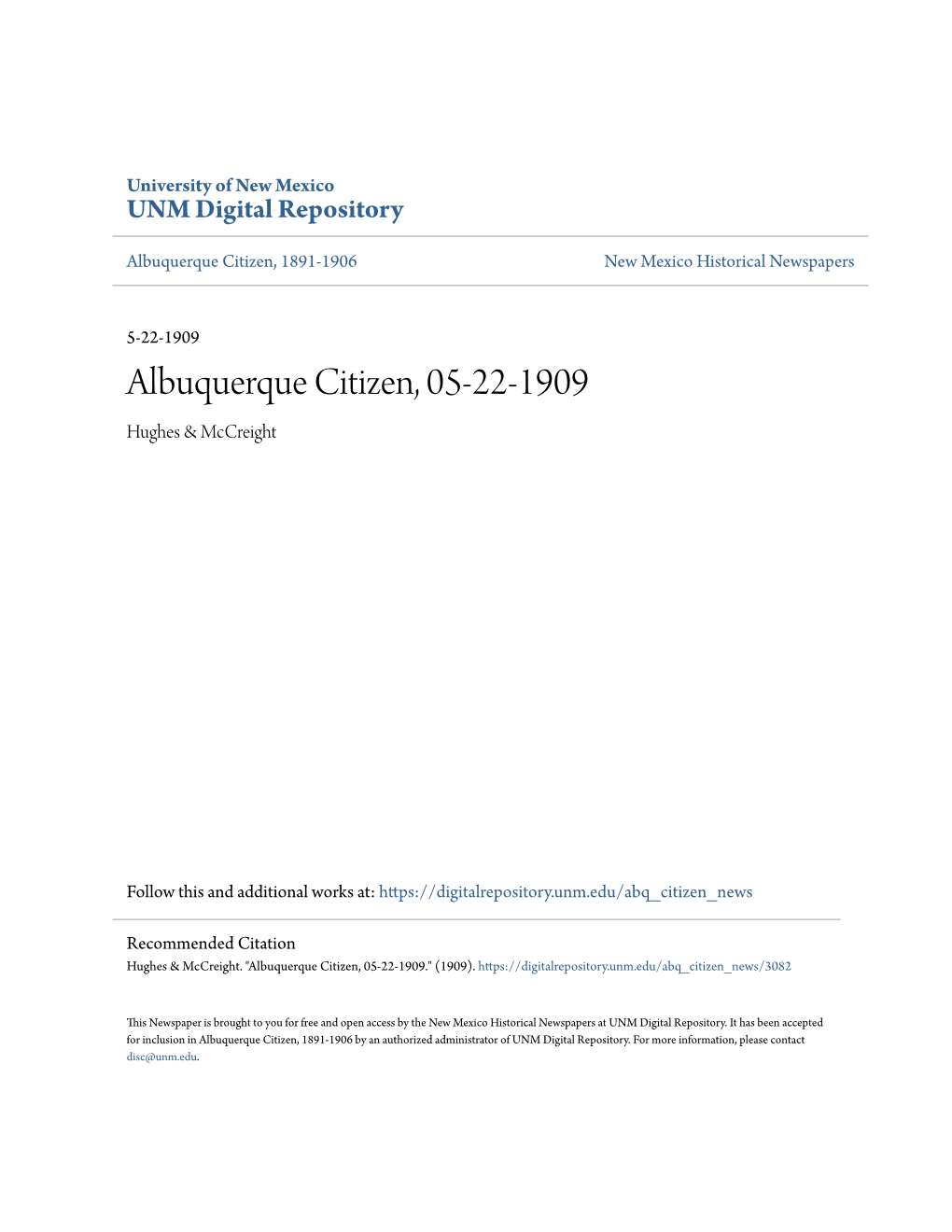 Albuquerque Citizen, 05-22-1909 Hughes & Mccreight