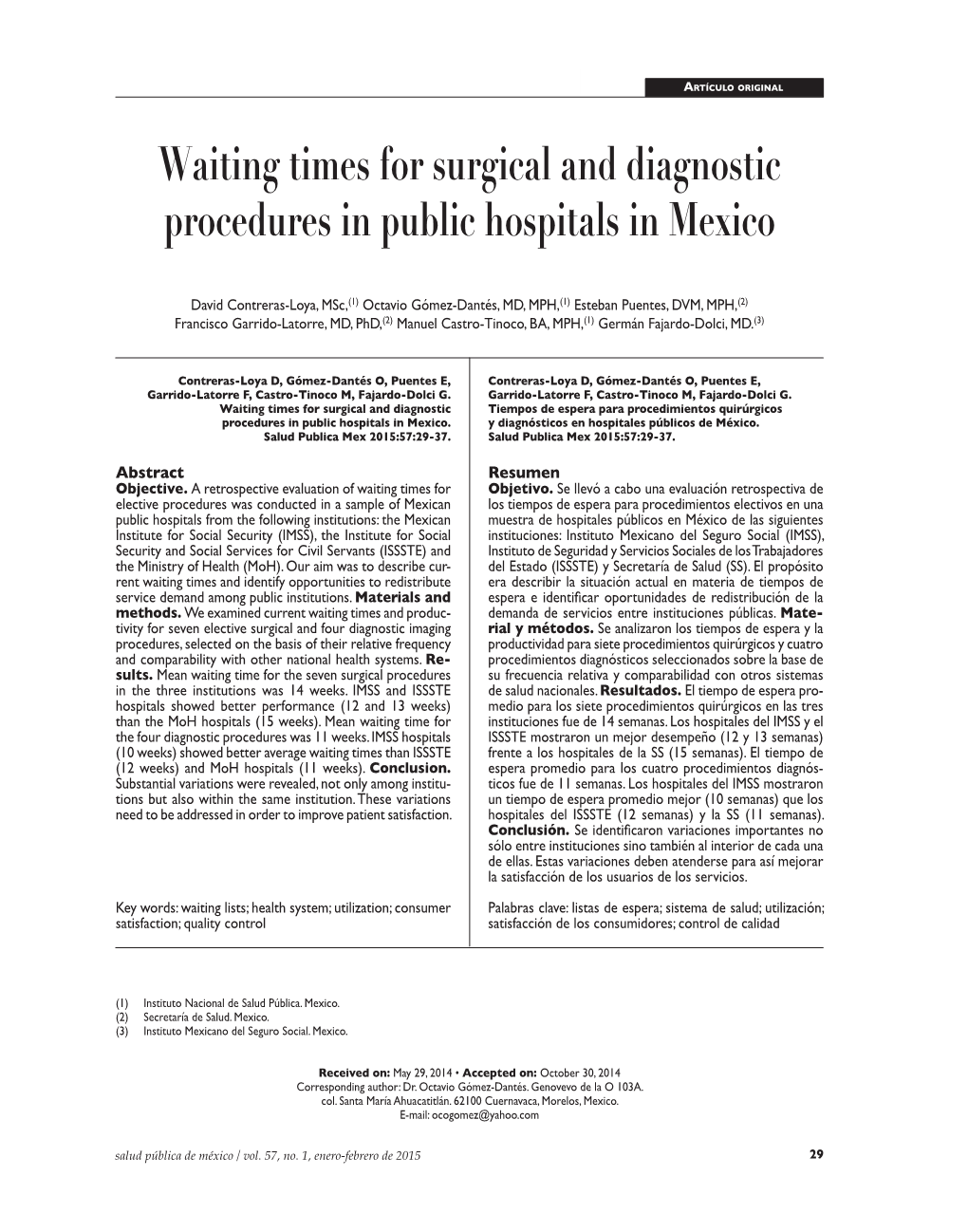 Waiting Times for Surgical and Diagnostic Procedures in Public Hospitals in Mexico