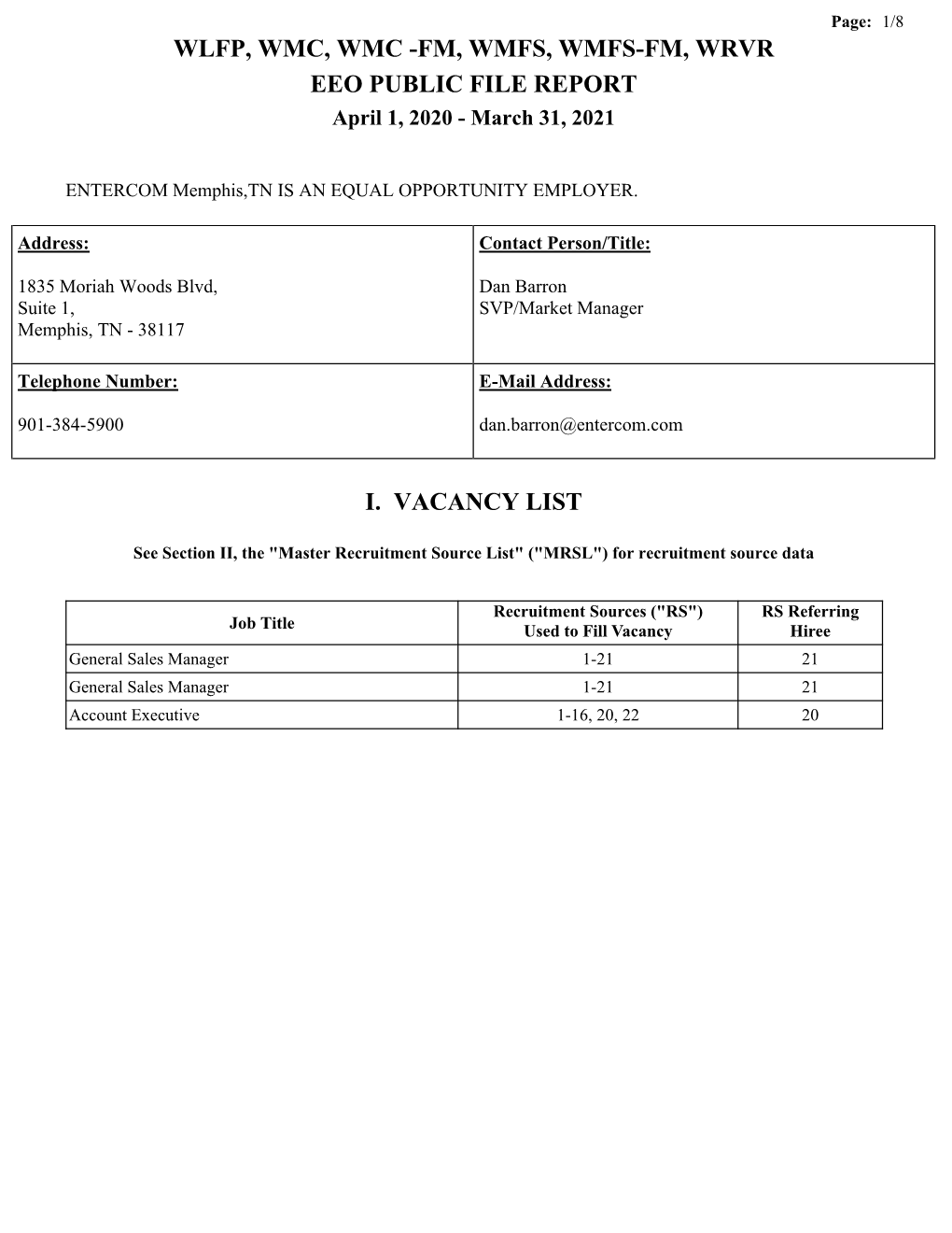 WLFP, WMC, WMC -FM, WMFS, WMFS-FM, WRVR EEO PUBLIC FILE REPORT April 1, 2020 - March 31, 2021