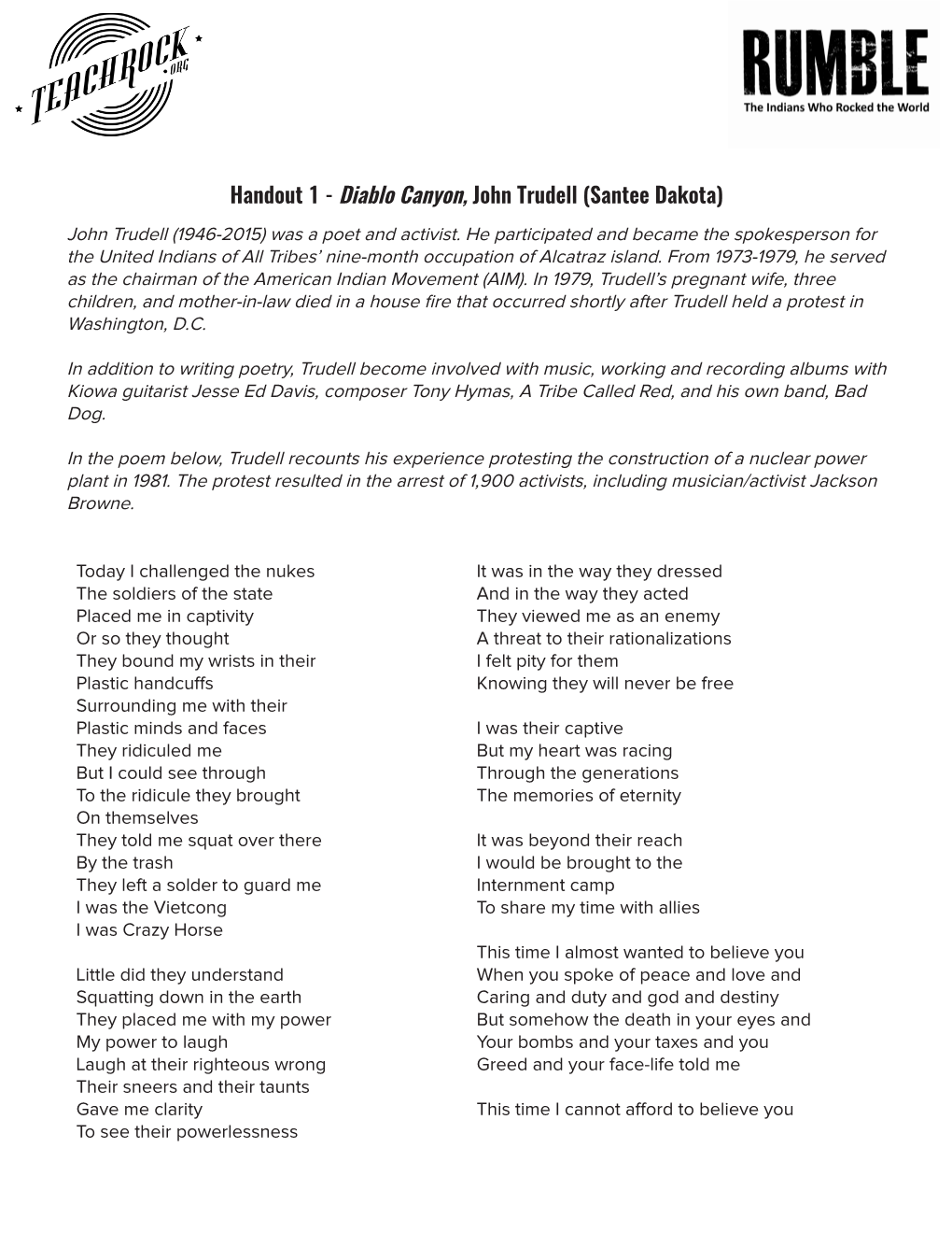 Handout 1 - Diablo Canyon, John Trudell (Santee Dakota) John Trudell (1946-2015) Was a Poet and Activist