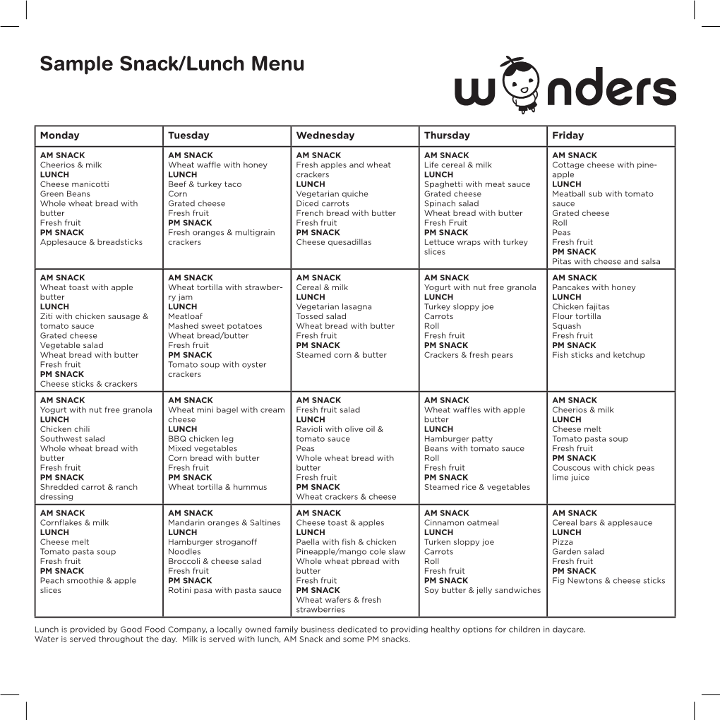 Sample Lunch and Snack Menu