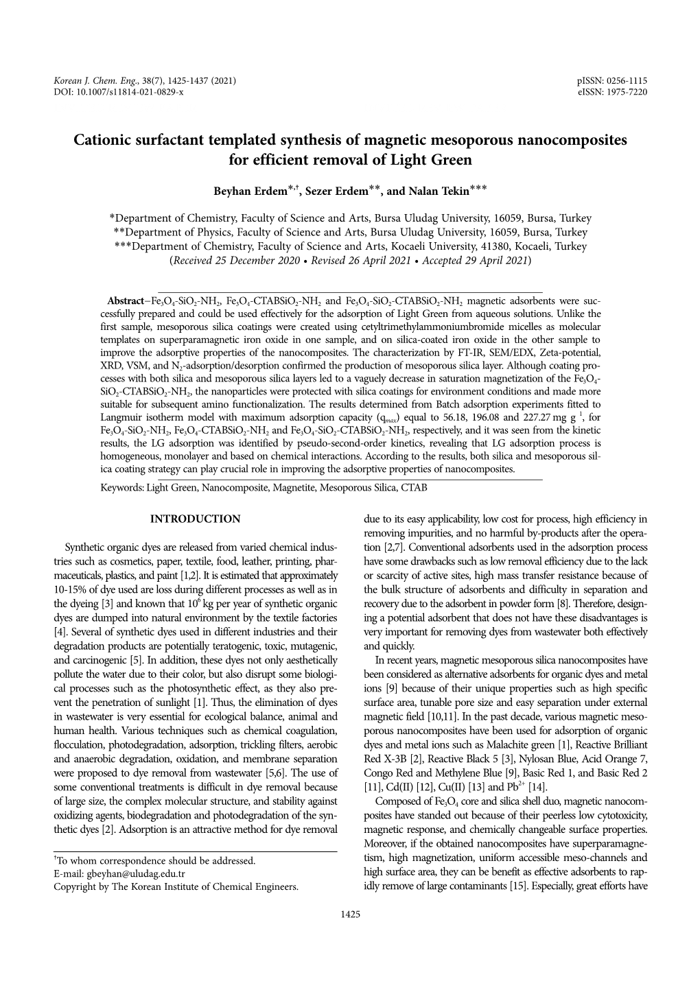 Cationic Surfactant Templated Synthesis of Magnetic Mesoporous Nanocomposites for Efficient Removal of Light Green