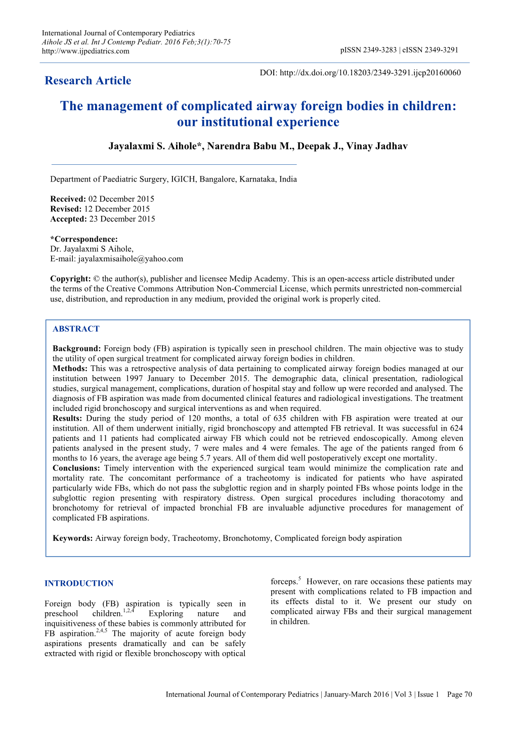 The Management of Complicated Airway Foreign Bodies in Children: Our Institutional Experience