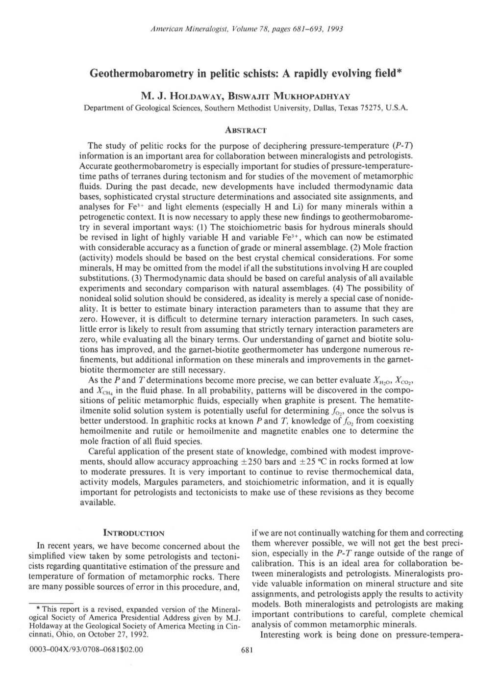 Geothermobarometry in Pelitic Schists