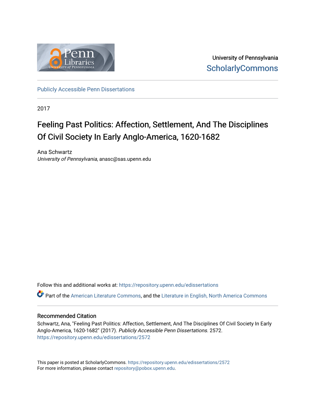 Feeling Past Politics: Affection, Settlement, and the Disciplines of Civil Society in Early Anglo-America, 1620-1682