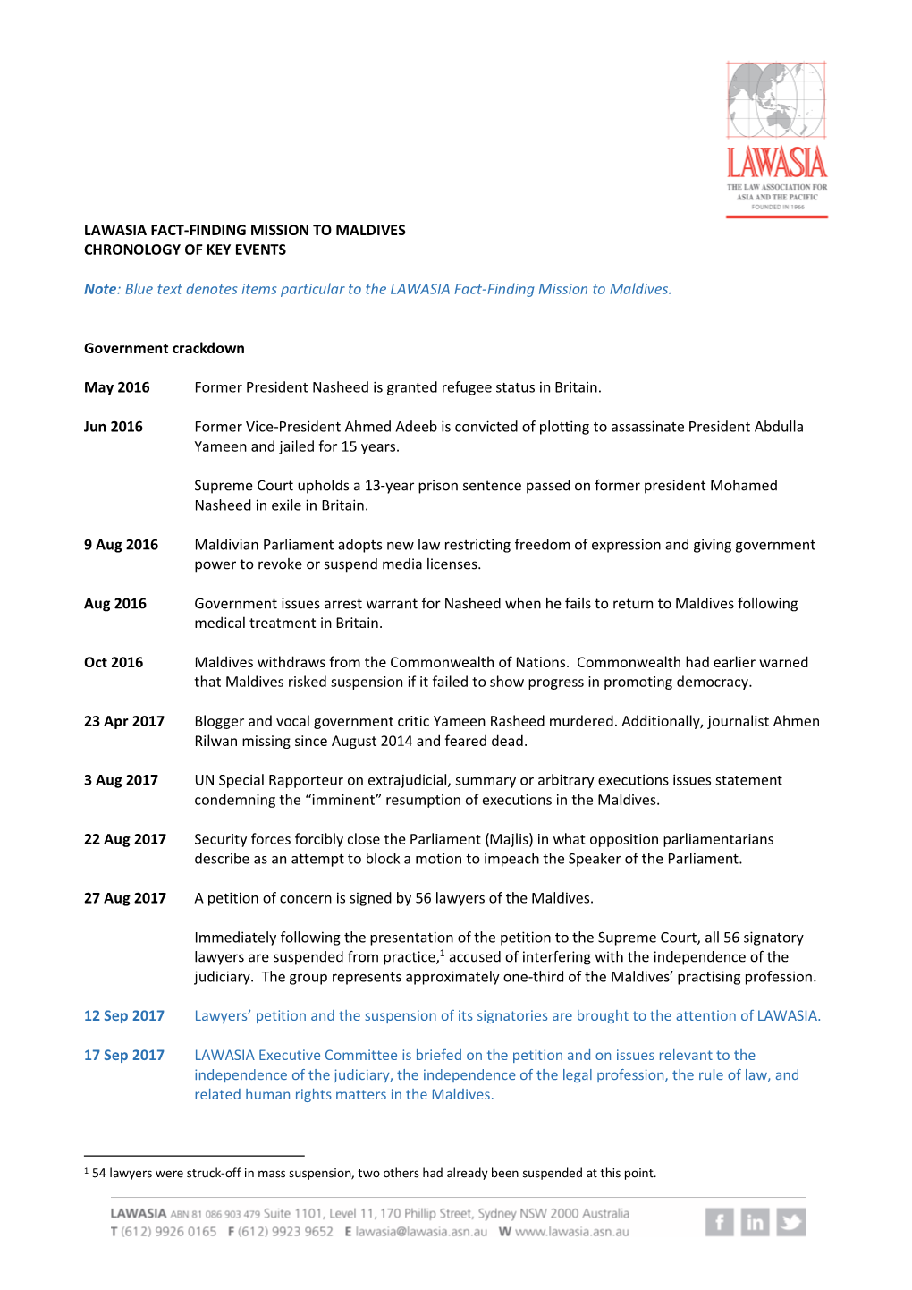 Lawasia Fact-Finding Mission to Maldives Chronology of Key Events