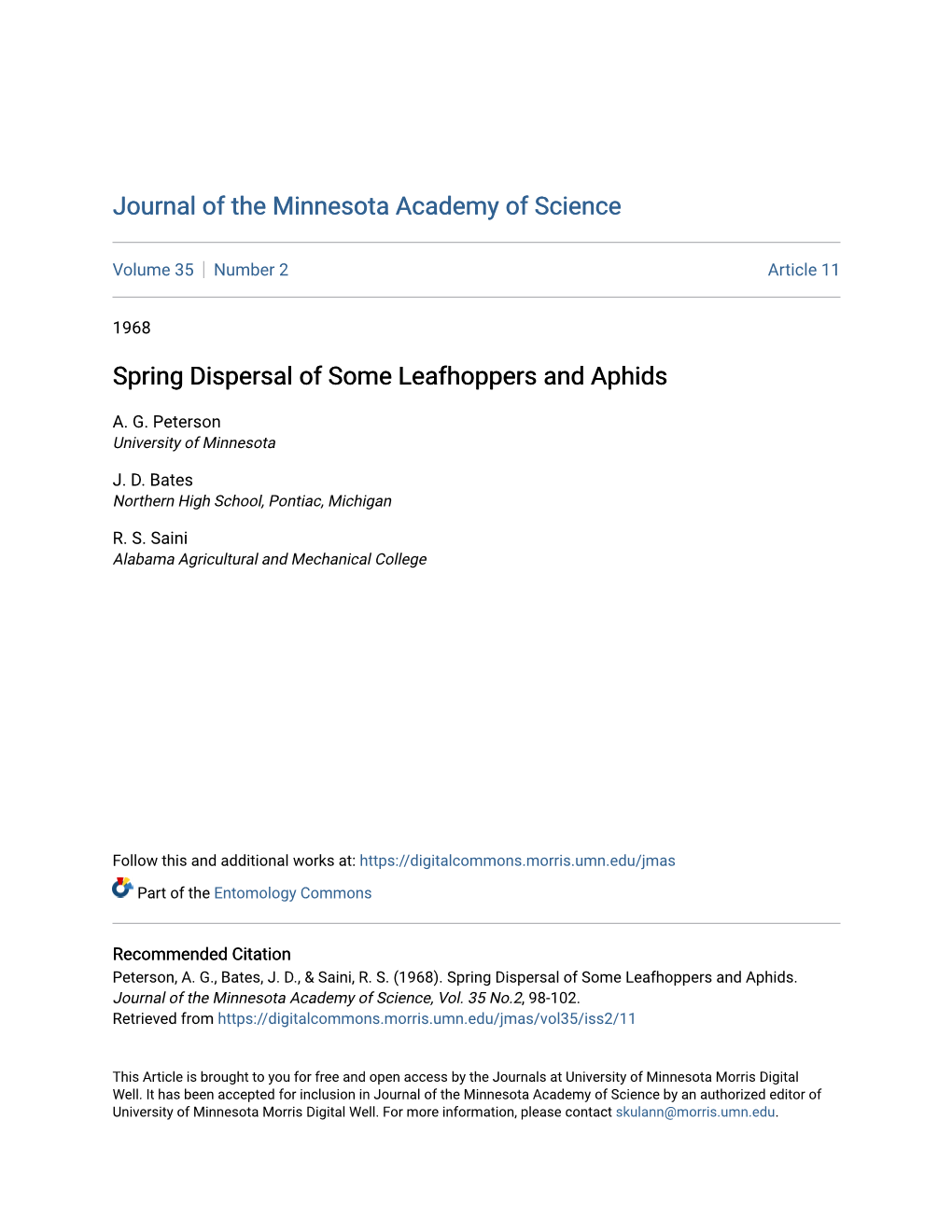 Spring Dispersal of Some Leafhoppers and Aphids