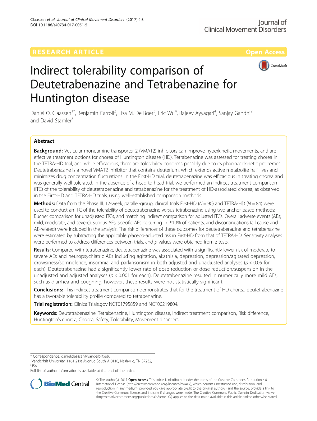 Indirect Tolerability Comparison of Deutetrabenazine and Tetrabenazine for Huntington Disease Daniel O