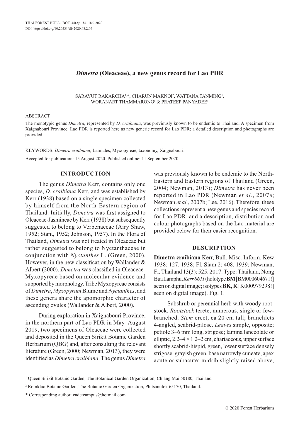 Dimetra (Oleaceae), a New Genus Record for Lao PDR