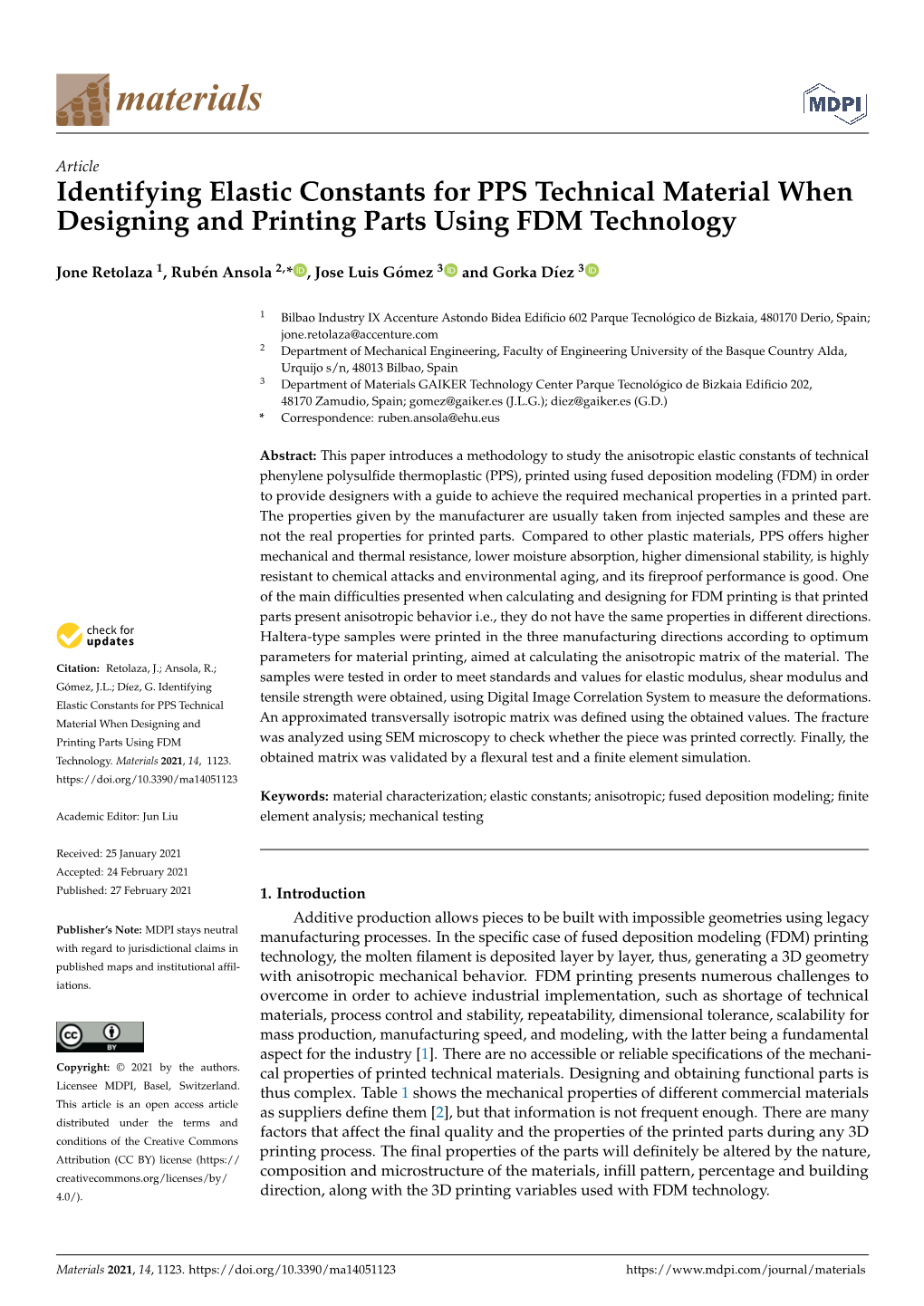 Identifying Elastic Constants for PPS Technical Material When Designing and Printing Parts Using FDM Technology