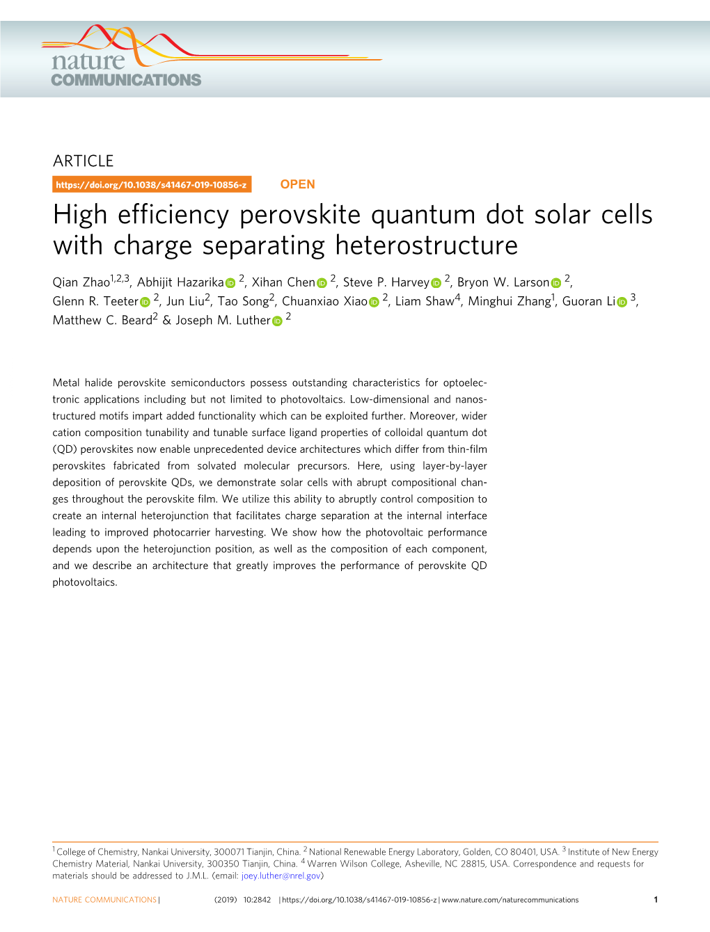 High Efficiency Perovskite Quantum Dot Solar Cells with Charge