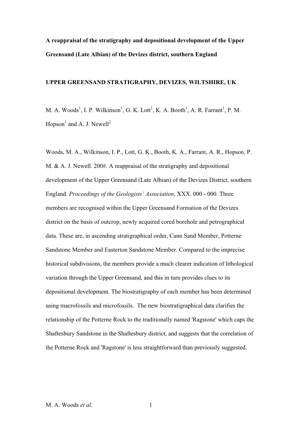 M. A. Woods Et Al. 1 a Reappraisal of the Stratigraphy and Depositional