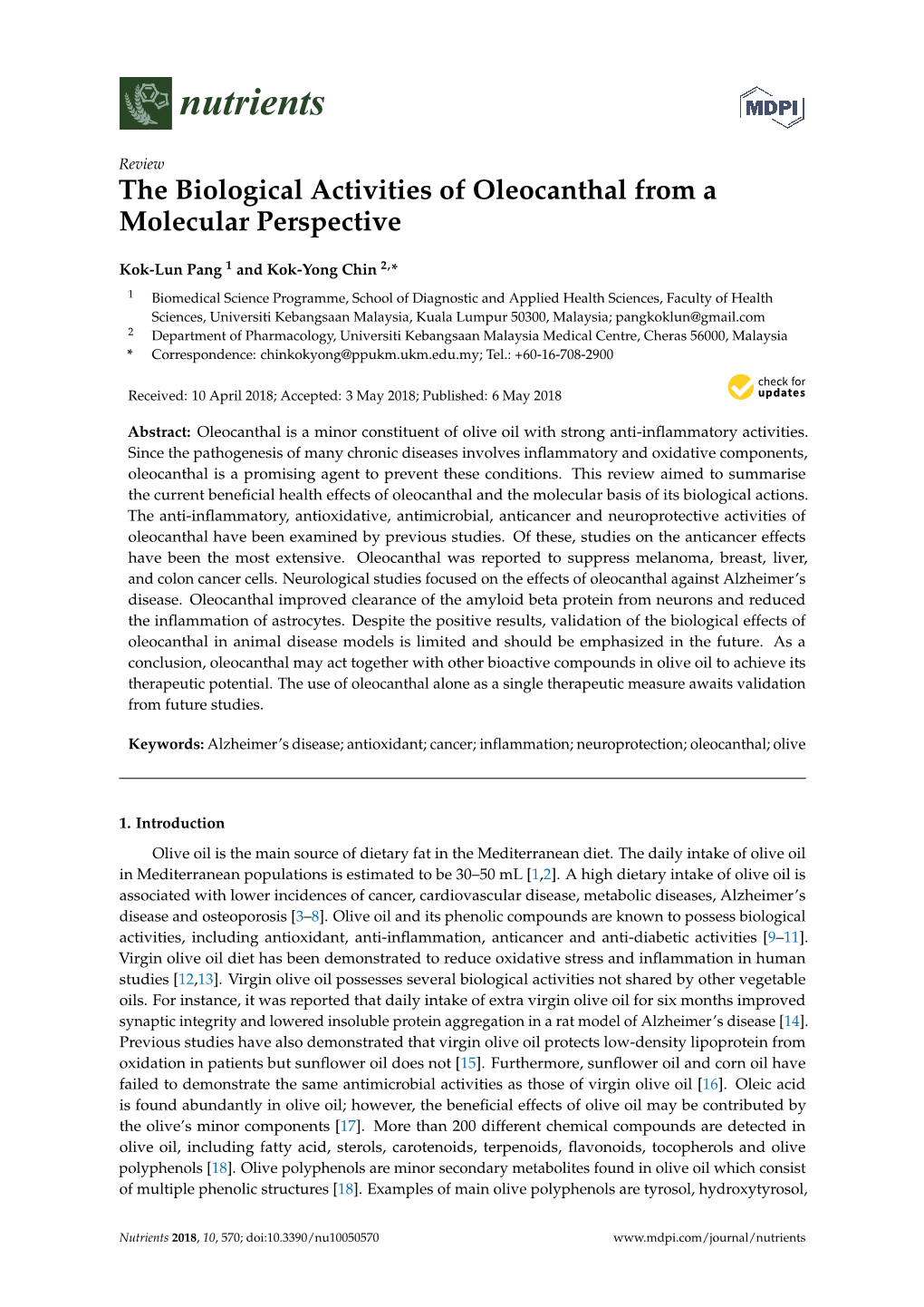 The Biological Activities of Oleocanthal from a Molecular Perspective