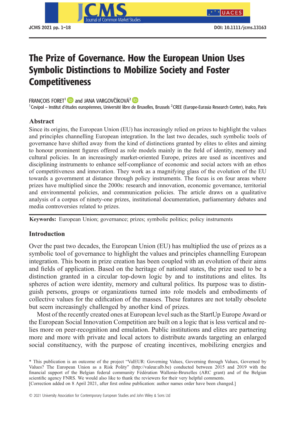 The Prize of Governance. How the European Union Uses Symbolic Distinctions to Mobilize Society and Foster Competitiveness