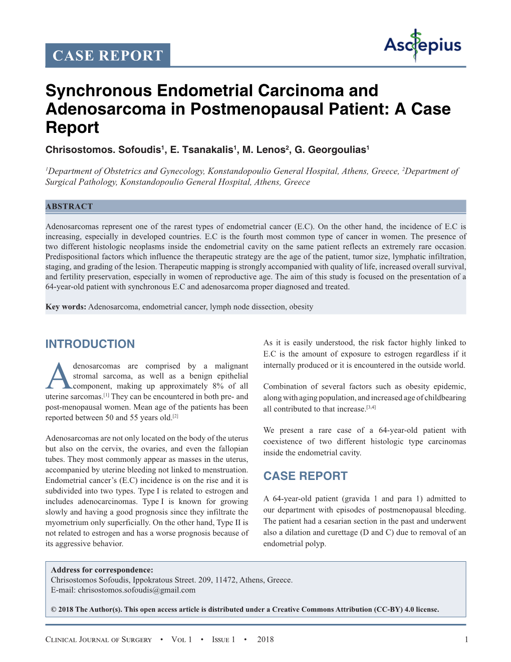 Synchronous Endometrial Carcinoma and Adenosarcoma in Postmenopausal Patient: a Case Report Chrisostomos